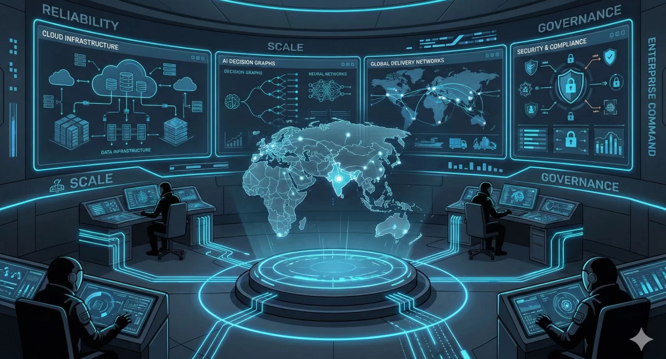 Illustrated enterprise command center showing a futuristic control room with a global digital map, cloud infrastructure diagrams, AI decision graphs, security and compliance dashboards, and global delivery networks, representing enterprise software reliability, scalability, and governance operations.