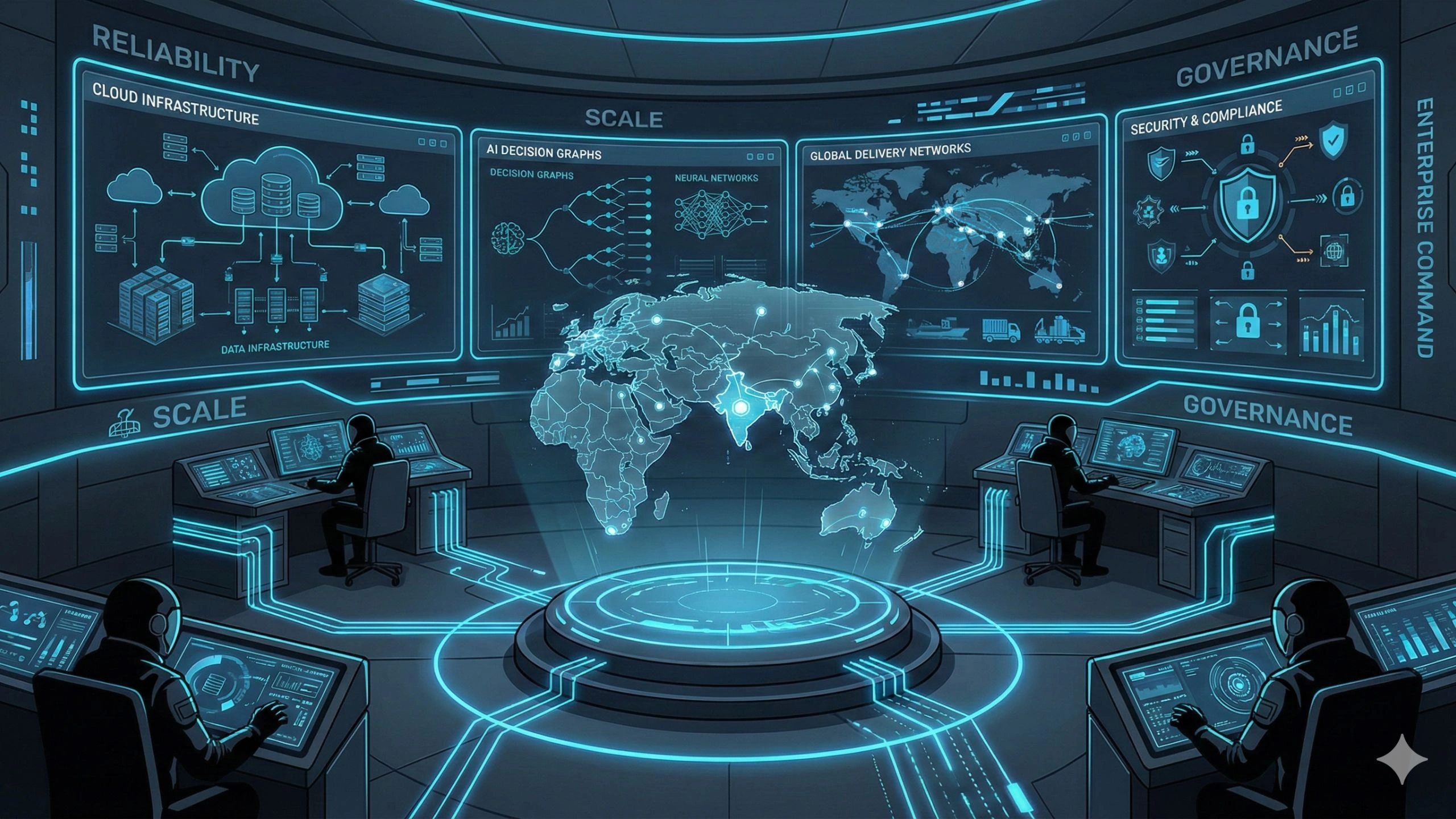 Illustrated enterprise command center showing a futuristic control room with a global digital map, cloud infrastructure diagrams, AI decision graphs, security and compliance dashboards, and global delivery networks, representing enterprise software reliability, scalability, and governance operations.