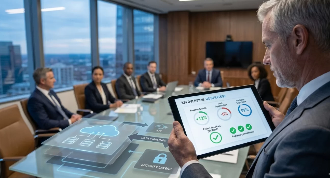 Enterprise leaders aligning business objectives with technology decisions during a large-scale software transformation initiative.