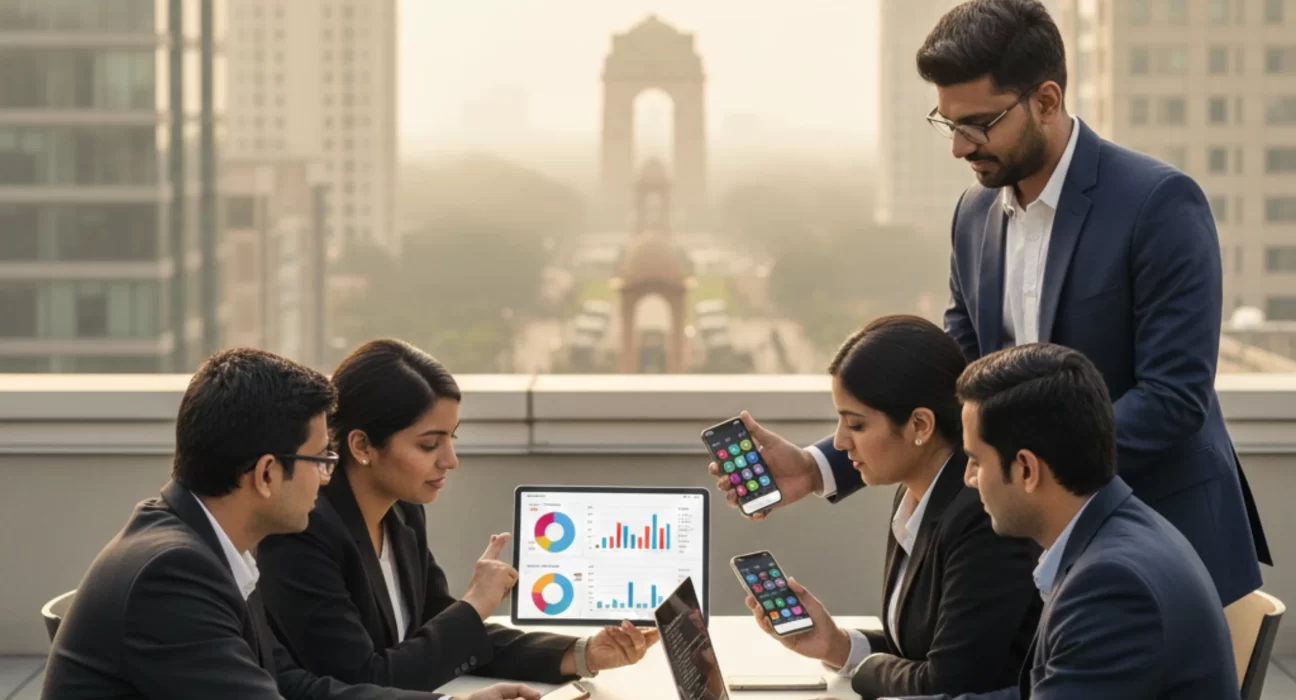 Realistic office scene of mobile app developers in Delhi NCR building Android and iOS applications.