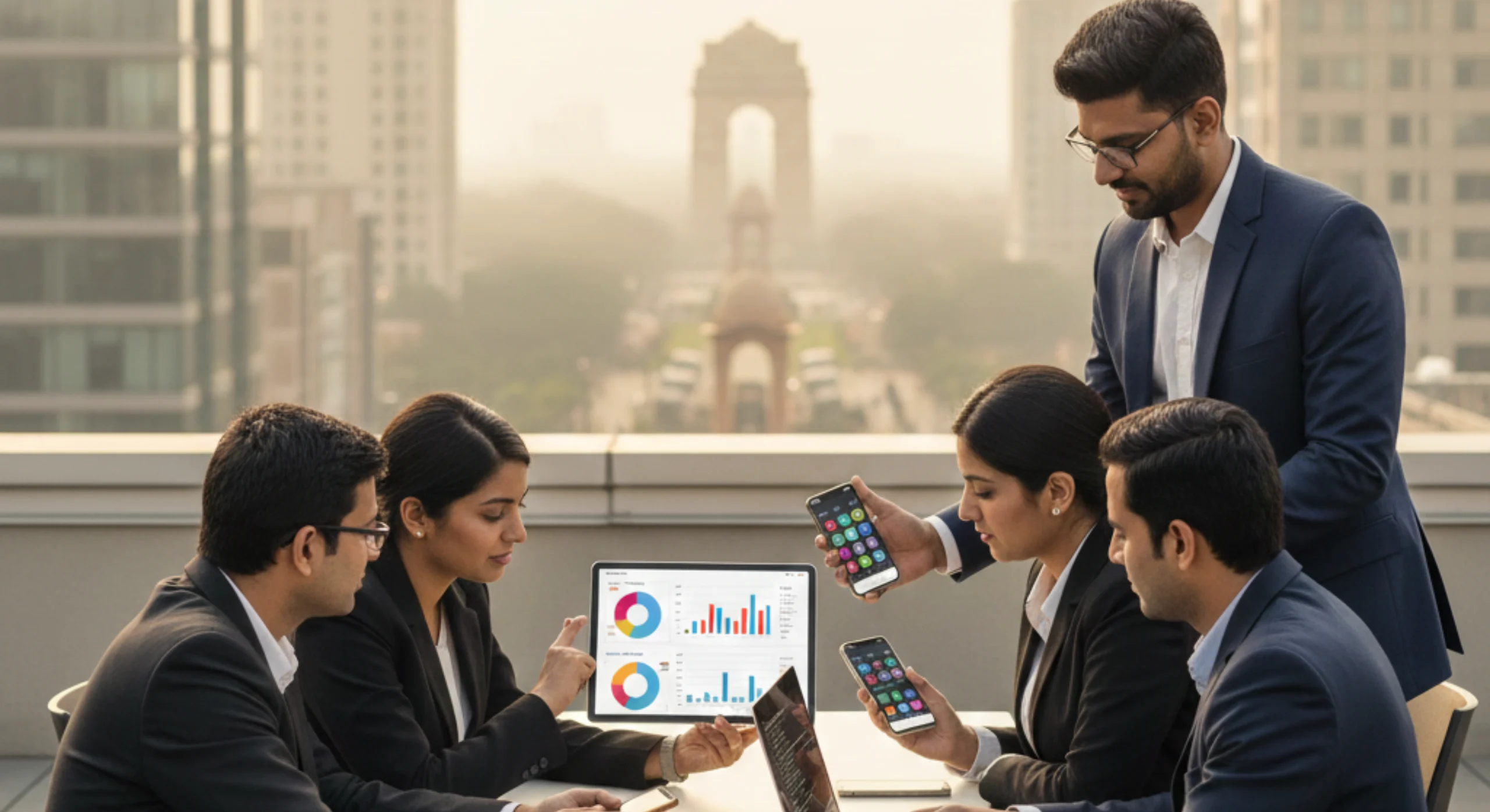 Realistic office scene of mobile app developers in Delhi NCR building Android and iOS applications.