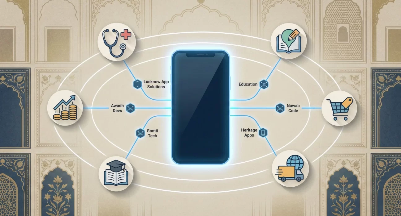 Illustration showing a central smartphone connected to multiple mobile app development domains in Lucknow, including healthcare, education, e-commerce, logistics, finance, and enterprise solutions, with heritage-inspired architectural patterns in the background.