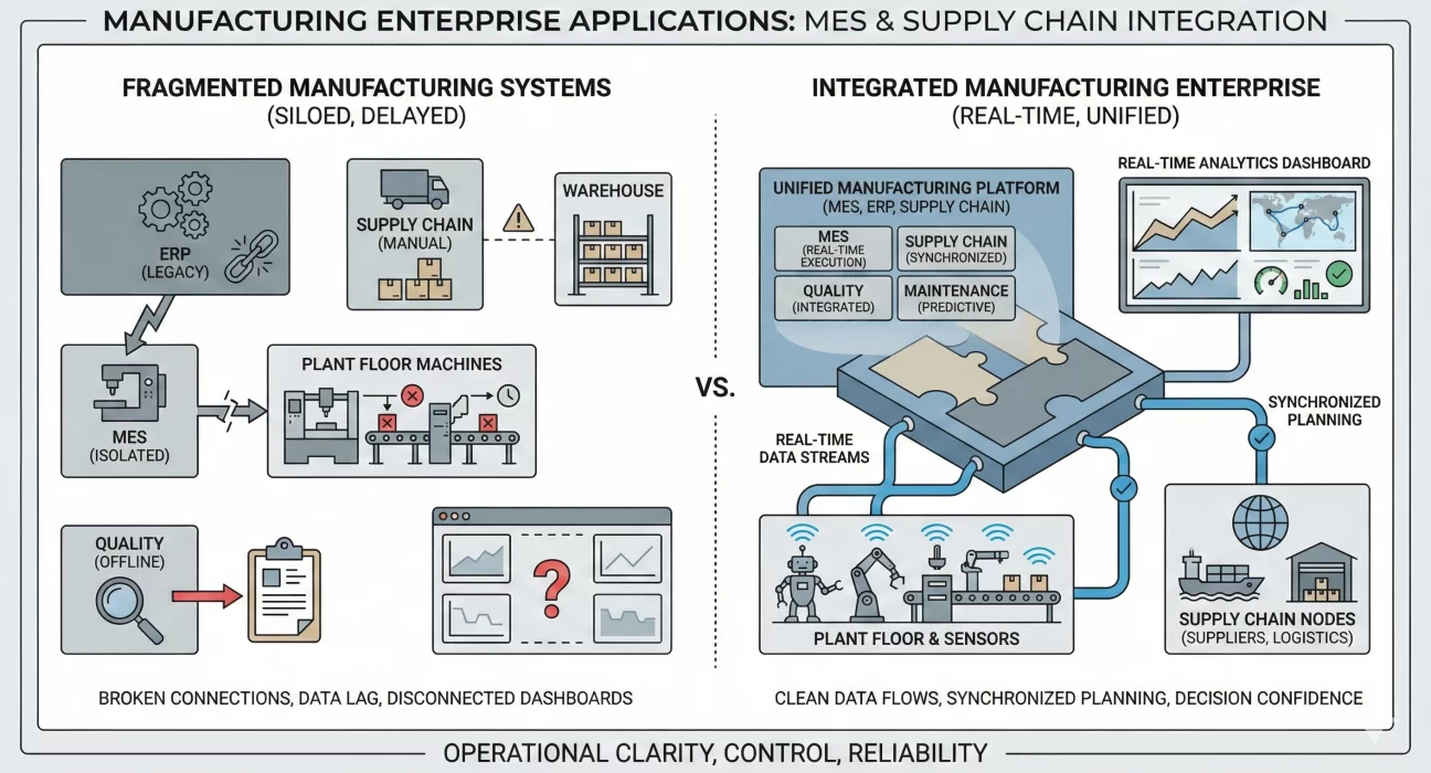 Comparison illustration of manufacturing enterprise applications showing fragmented, siloed systems on the left with isolated ERP, MES, manual supply chain processes, offline quality checks, data delays, and broken dashboards, contrasted with an integrated manufacturing enterprise on the right featuring a unified MES, ERP, and supply chain platform with real-time data streams, plant floor sensors, predictive maintenance, synchronized planning, and live analytics dashboards.