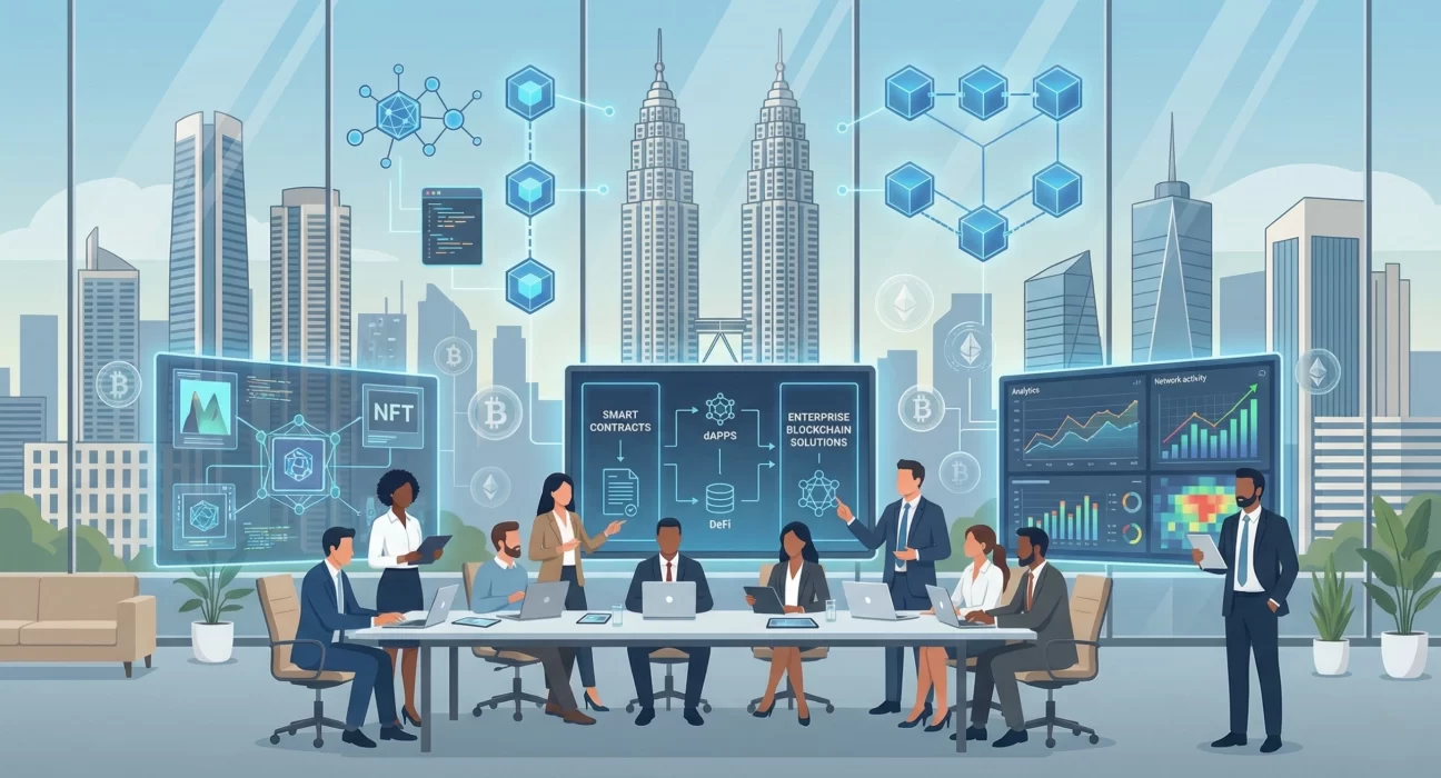 Enterprise blockchain development team in a modern Mumbai office collaborating on smart contracts, dApps, DeFi solutions, NFTs, and analytics dashboards, with the Mumbai skyline visible through glass walls, representing advanced blockchain innovation in the city.