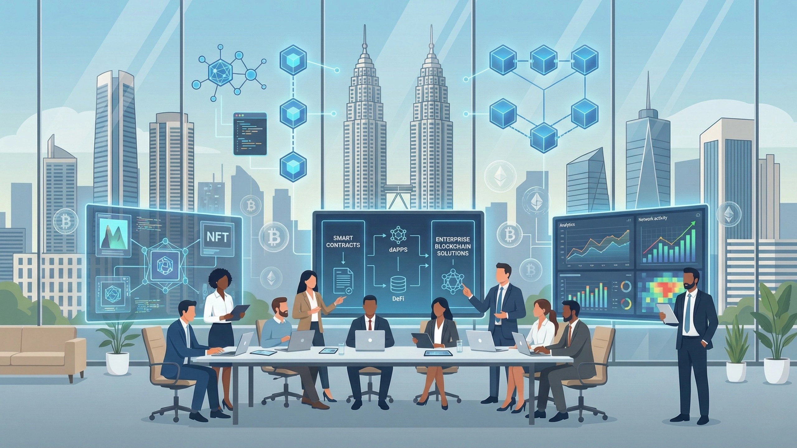 Enterprise blockchain development team in a modern Mumbai office collaborating on smart contracts, dApps, DeFi solutions, NFTs, and analytics dashboards, with the Mumbai skyline visible through glass walls, representing advanced blockchain innovation in the city.