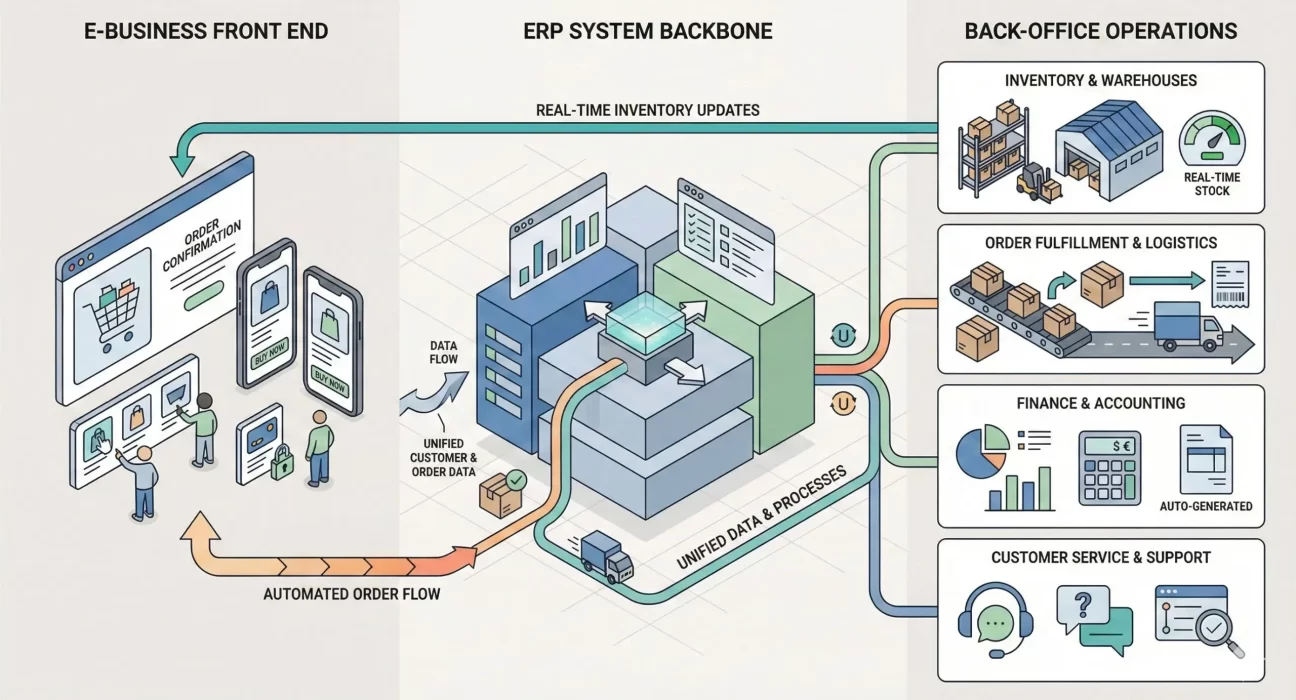 Illustrated diagram showing an e-business front end connected to an ERP system backbone, enabling automated order flow, real-time inventory updates, and unified data across back-office operations including inventory, logistics, finance, and customer support.