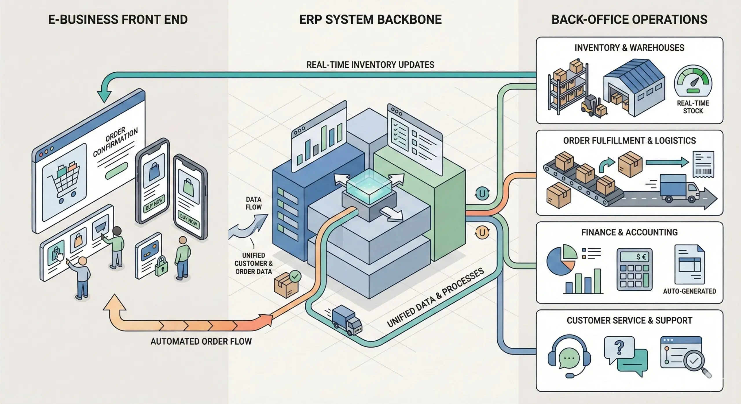 Illustrated diagram showing an e-business front end connected to an ERP system backbone, enabling automated order flow, real-time inventory updates, and unified data across back-office operations including inventory, logistics, finance, and customer support.