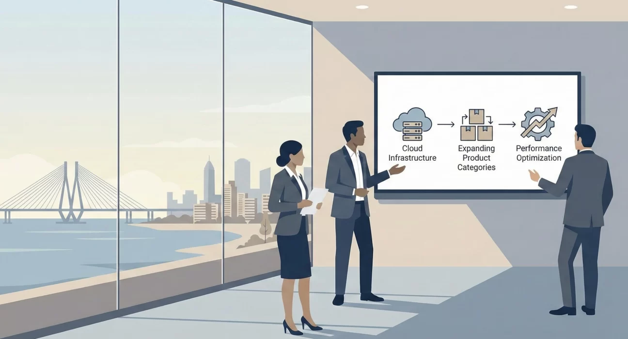 Corporate illustration of a team discussing ecommerce scalability, highlighting cloud infrastructure, expanding product categories, and performance optimization on a presentation screen, with the Mumbai skyline and Bandra–Worli Sea Link visible through office windows.