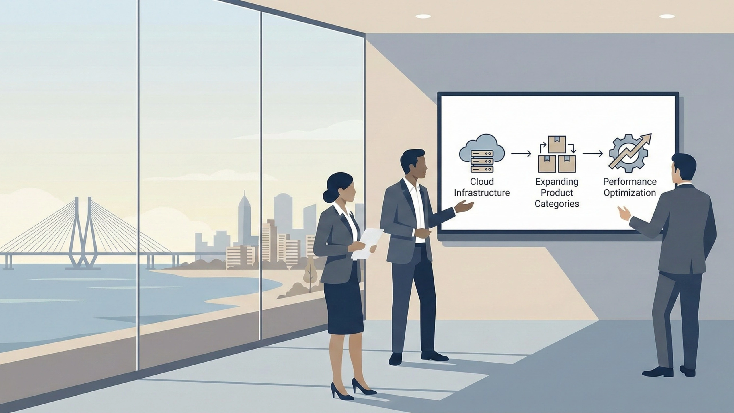 Corporate illustration of a team discussing ecommerce scalability, highlighting cloud infrastructure, expanding product categories, and performance optimization on a presentation screen, with the Mumbai skyline and Bandra–Worli Sea Link visible through office windows.