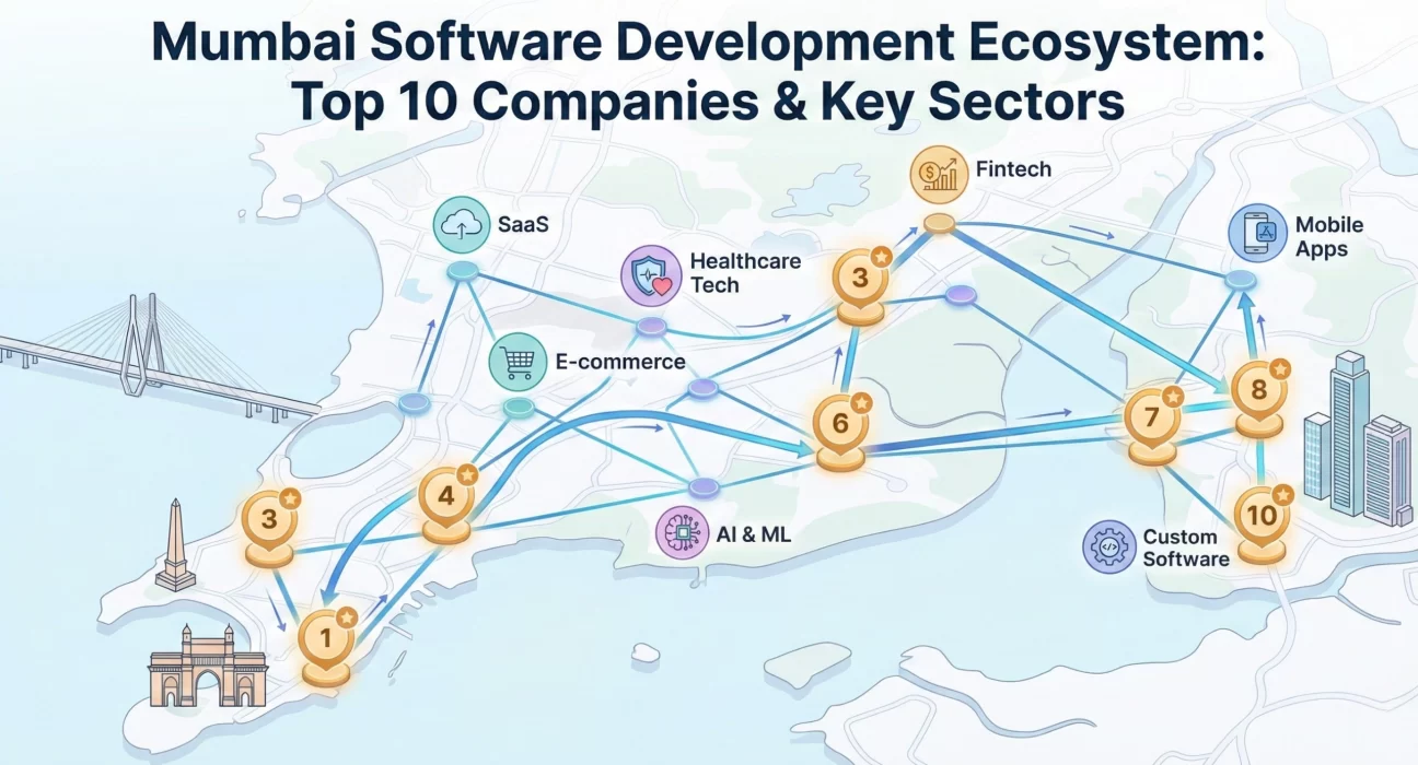 Illustrated map of Mumbai showing the software development ecosystem, with numbered markers representing the top 10 companies and connected routes across the city, alongside icons for key sectors such as SaaS, fintech, healthcare tech, e-commerce, AI and ML, mobile apps, and custom software.