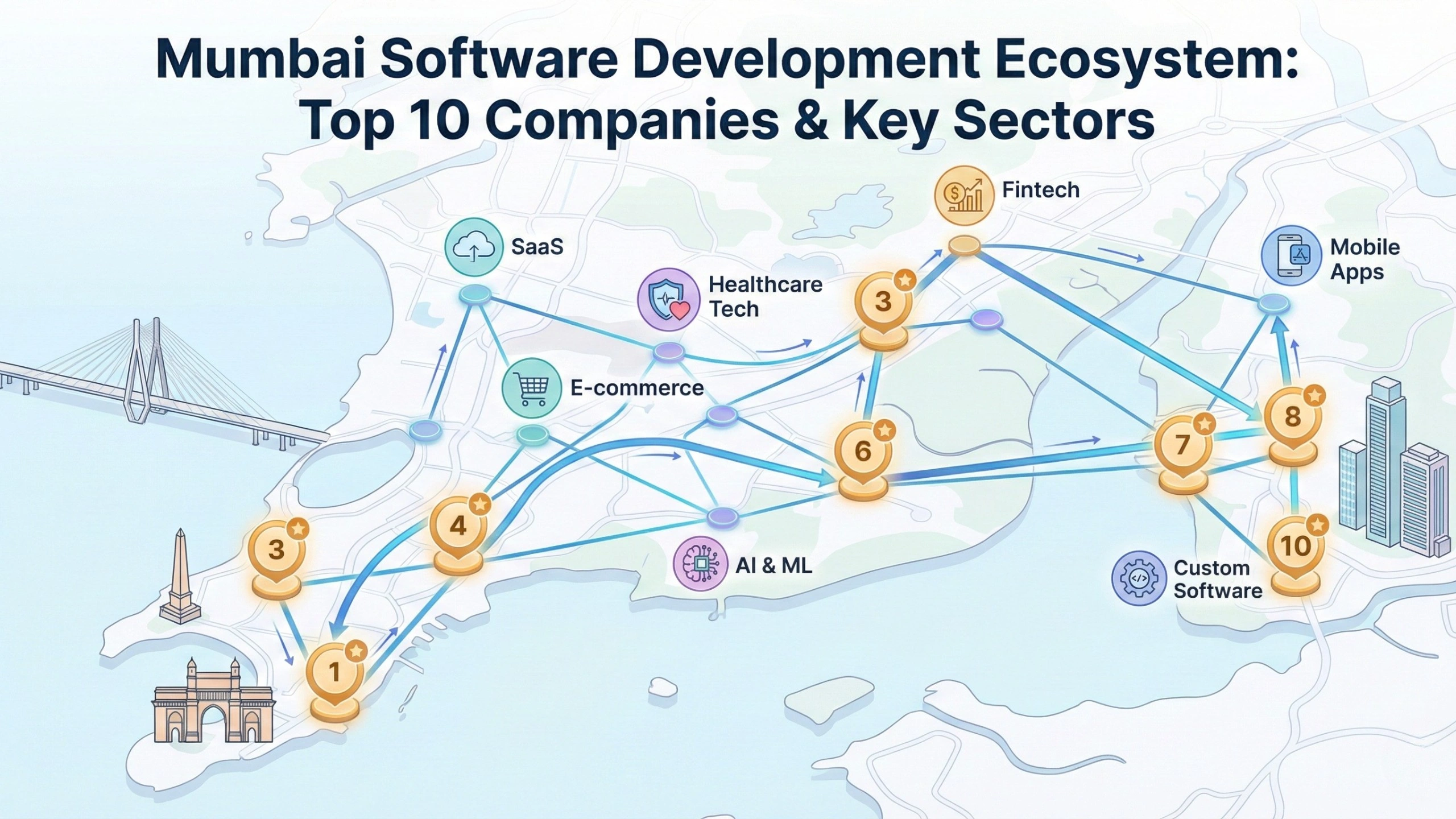 Illustrated map of Mumbai showing the software development ecosystem, with numbered markers representing the top 10 companies and connected routes across the city, alongside icons for key sectors such as SaaS, fintech, healthcare tech, e-commerce, AI and ML, mobile apps, and custom software.