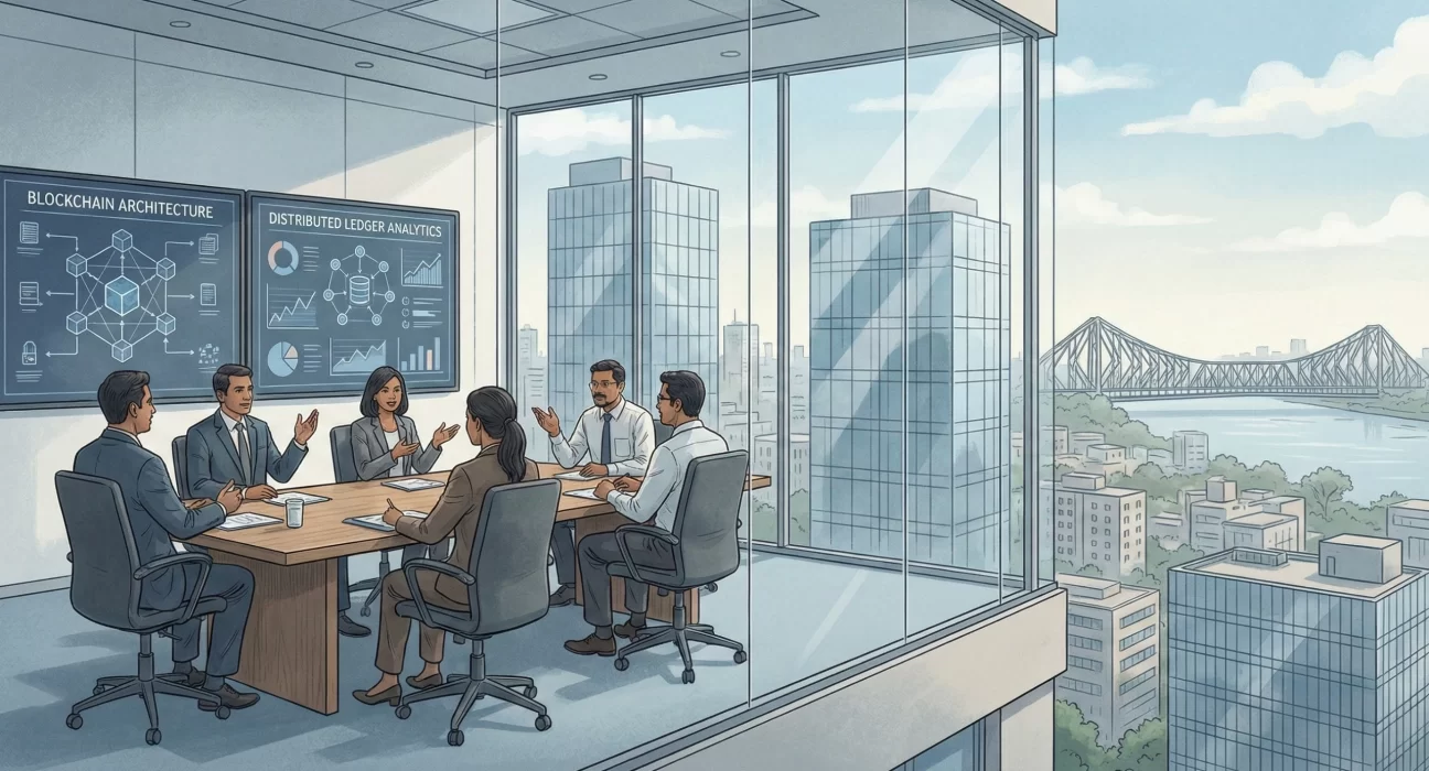Illustration of a blockchain development team discussing distributed ledger architecture and analytics in a modern office, with the Kolkata city skyline and Howrah Bridge visible through large glass windows.