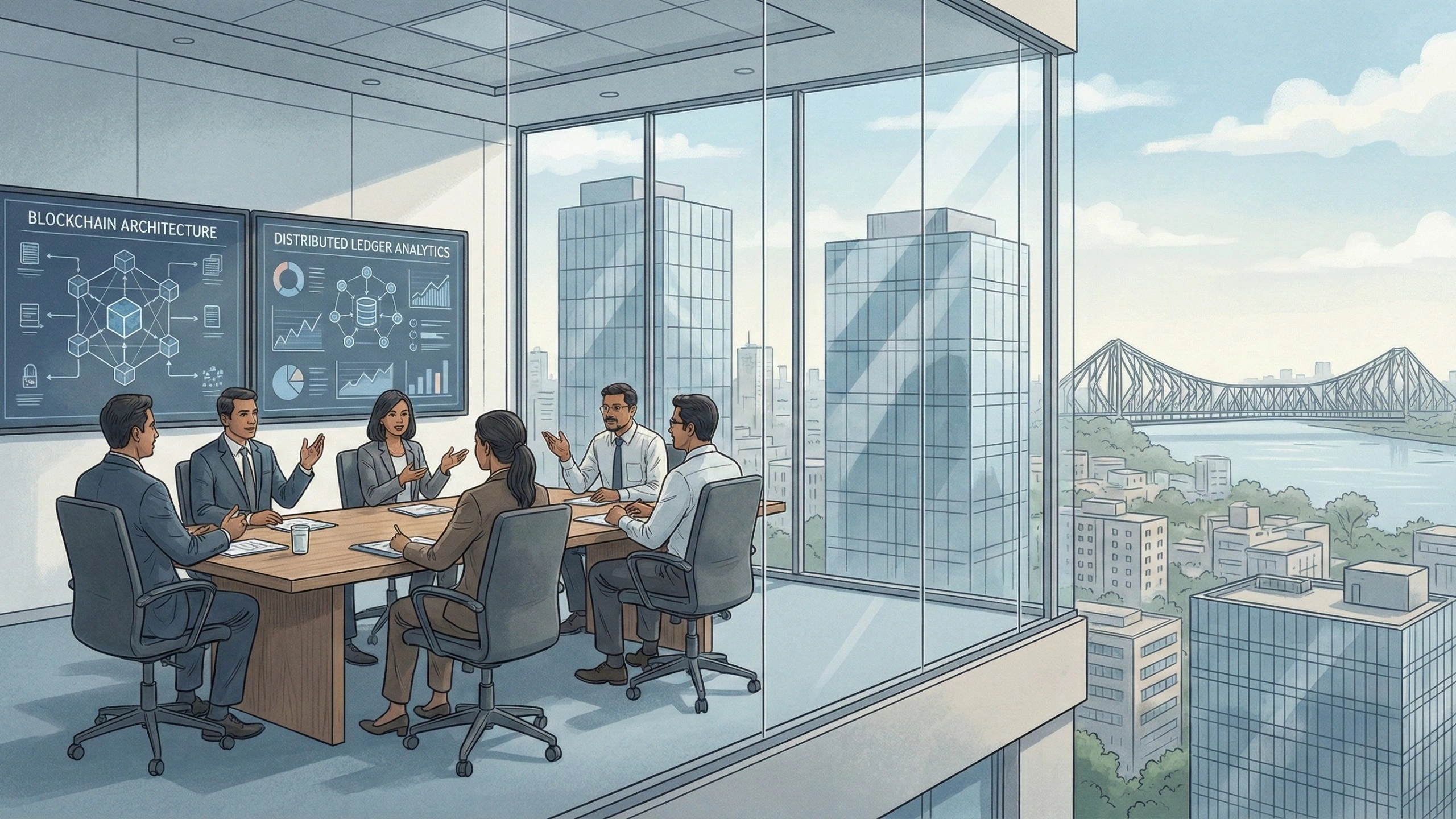 Illustration of a blockchain development team discussing distributed ledger architecture and analytics in a modern office, with the Kolkata city skyline and Howrah Bridge visible through large glass windows.