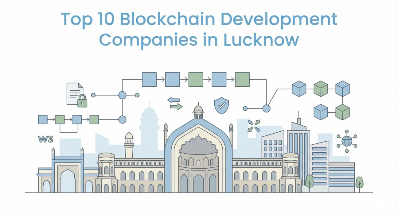 Flat design diagram showing a blockchain transaction process flow connecting through Lucknow's historical architecture.
