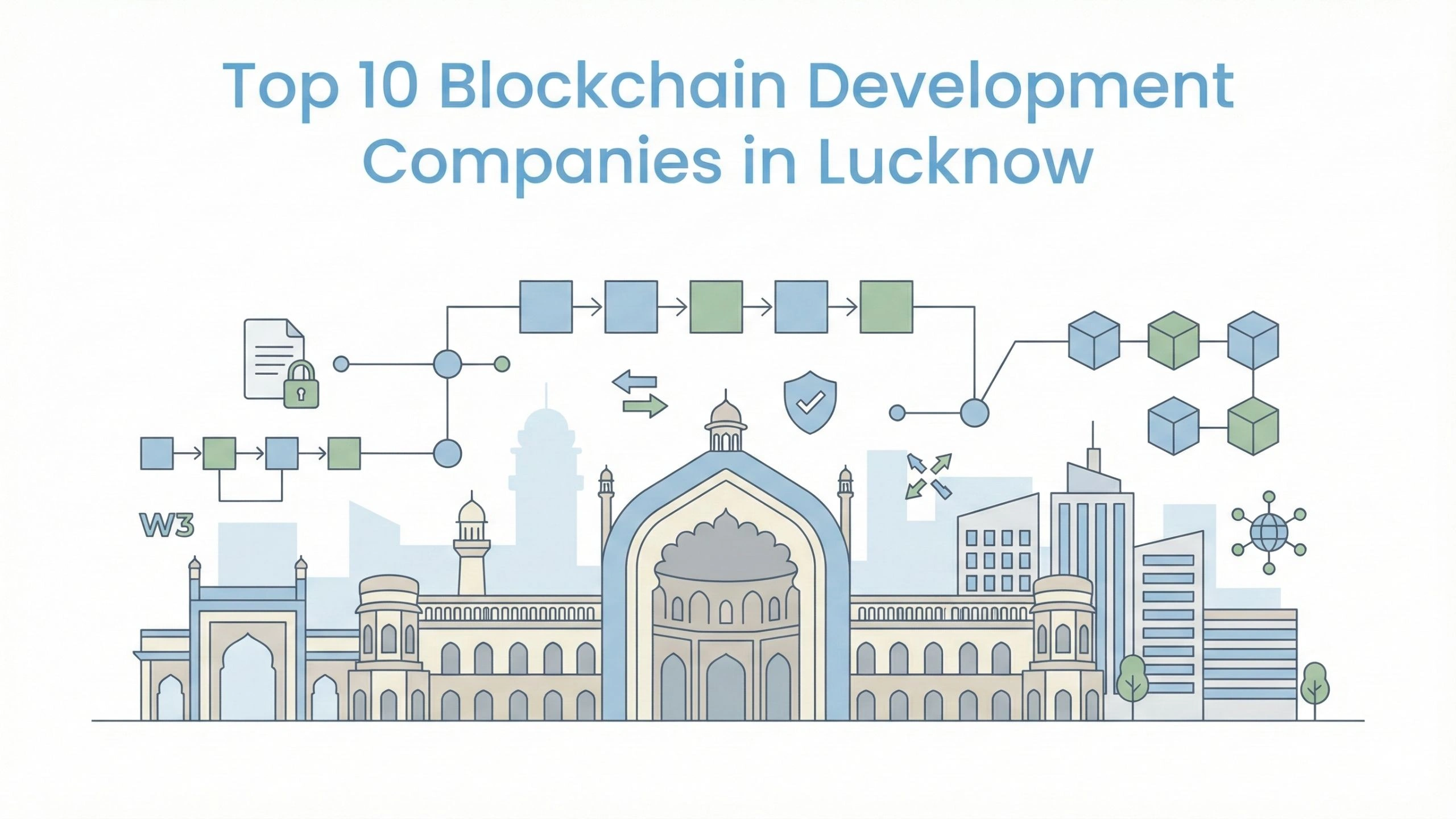 Flat design diagram showing a blockchain transaction process flow connecting through Lucknow's historical architecture.
