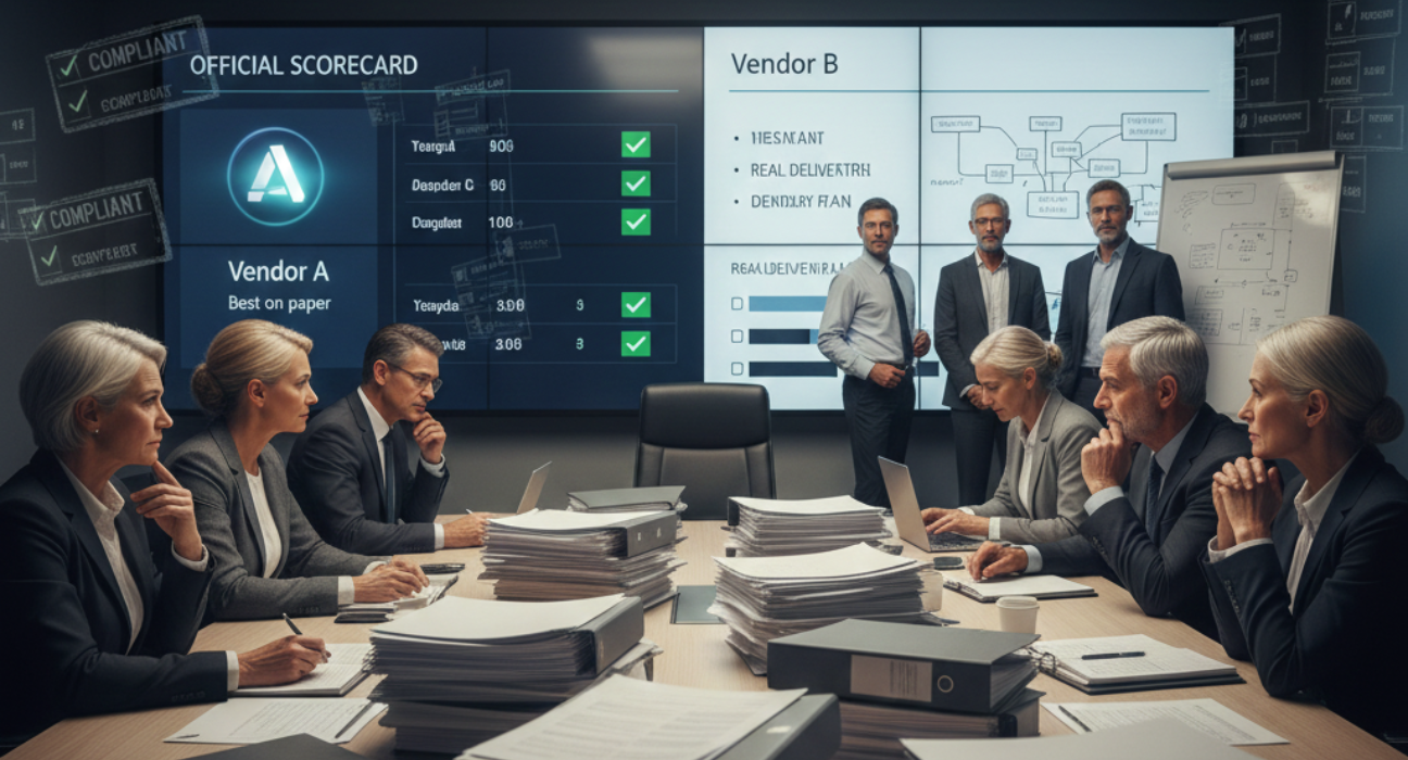 Enterprise procurement team evaluating vendors through a complex RFP scoring process