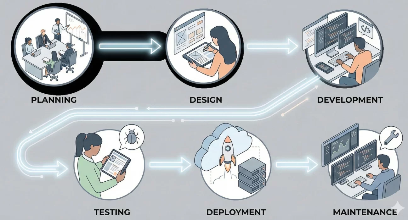 A step-by-step process diagram illustrating the six stages of software creation: Planning, Design, Development, Testing, Deployment, and Maintenance, represented by icons of team collaboration, coding, and cloud launching.