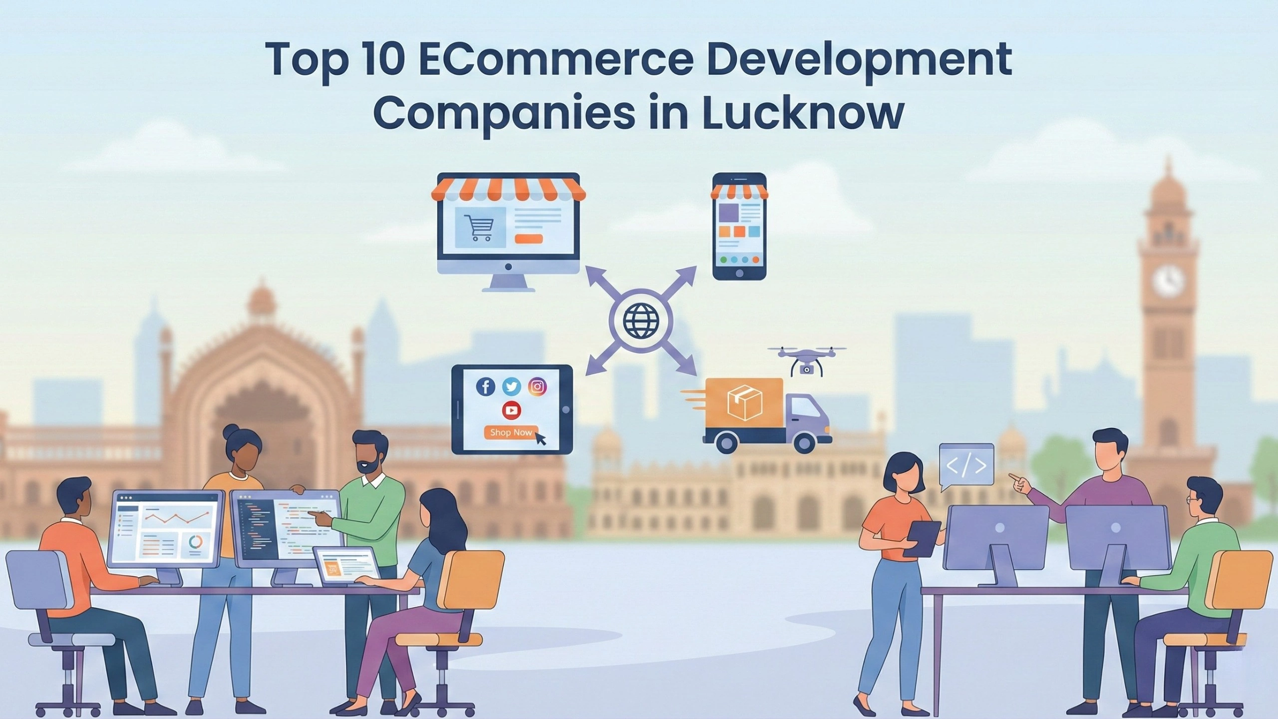 Illustration representing the Top 10 ECommerce Development Companies in Lucknow, showing development teams building web and mobile online stores, social commerce integration, global connectivity, and logistics delivery systems against a Lucknow cityscape backdrop.