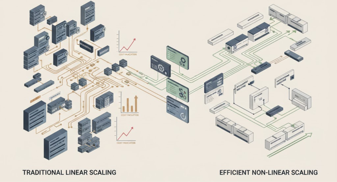 Enterprise operations architecture illustrating automated workflows, intelligent routing, real-time visibility, and non-linear scaling without proportional cost growth