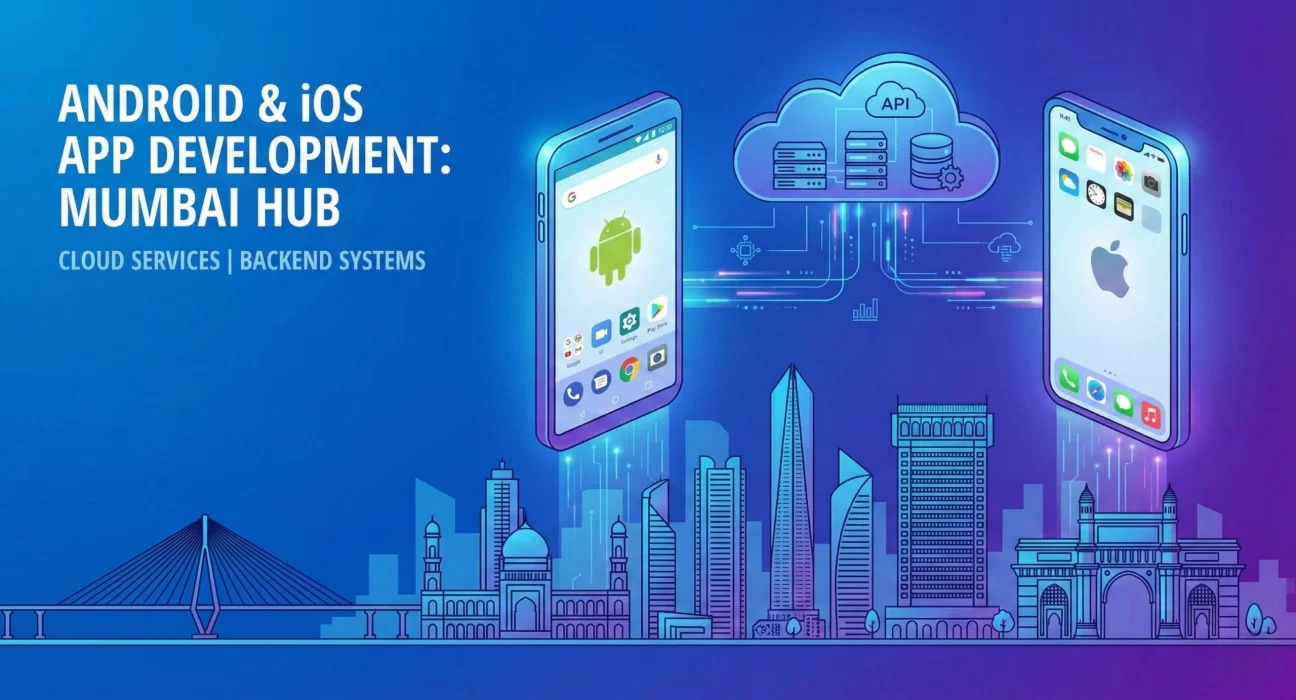 Illustration depicting Android and iOS app development in Mumbai, featuring smartphones connected to cloud services, APIs, backend systems, and the Mumbai skyline.