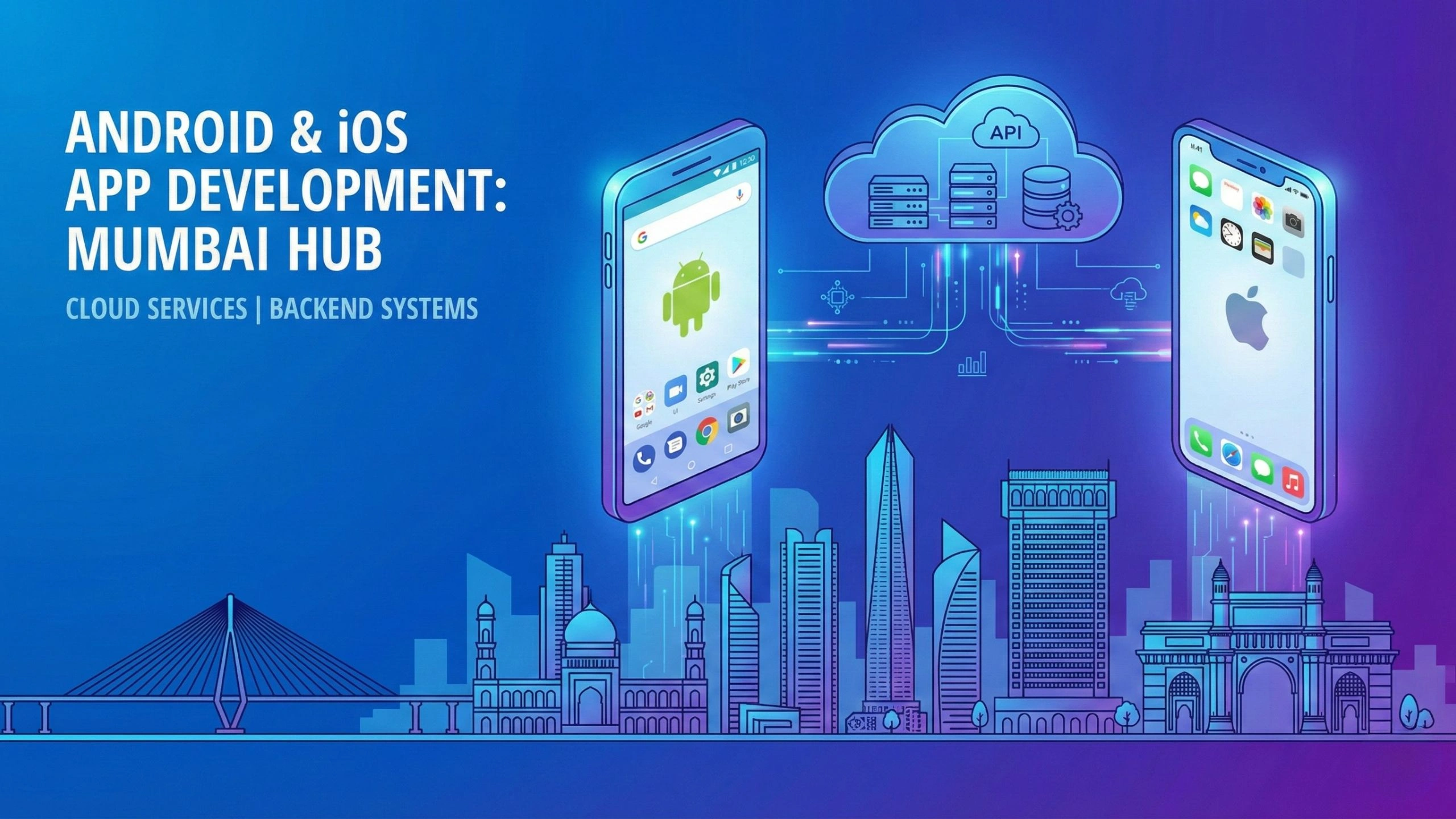 Illustration depicting Android and iOS app development in Mumbai, featuring smartphones connected to cloud services, APIs, backend systems, and the Mumbai skyline.