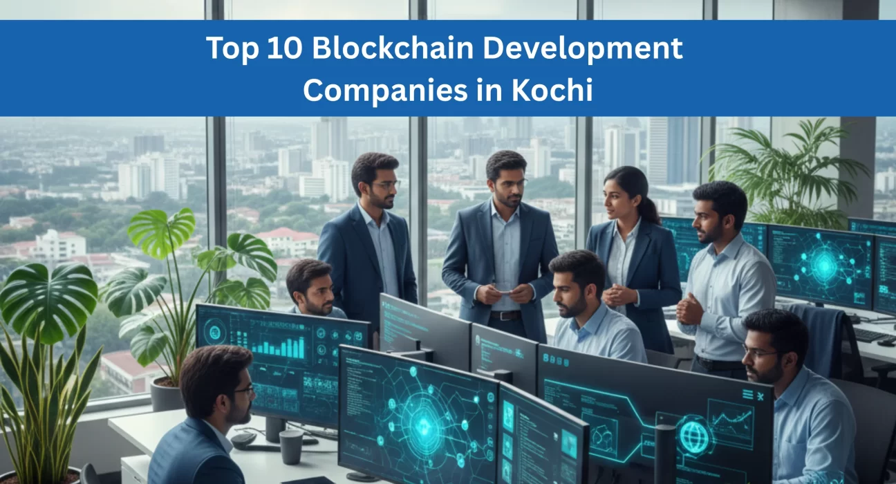 Blockchain developers collaborating on Web3 and enterprise blockchain solutions in a modern Kochi office