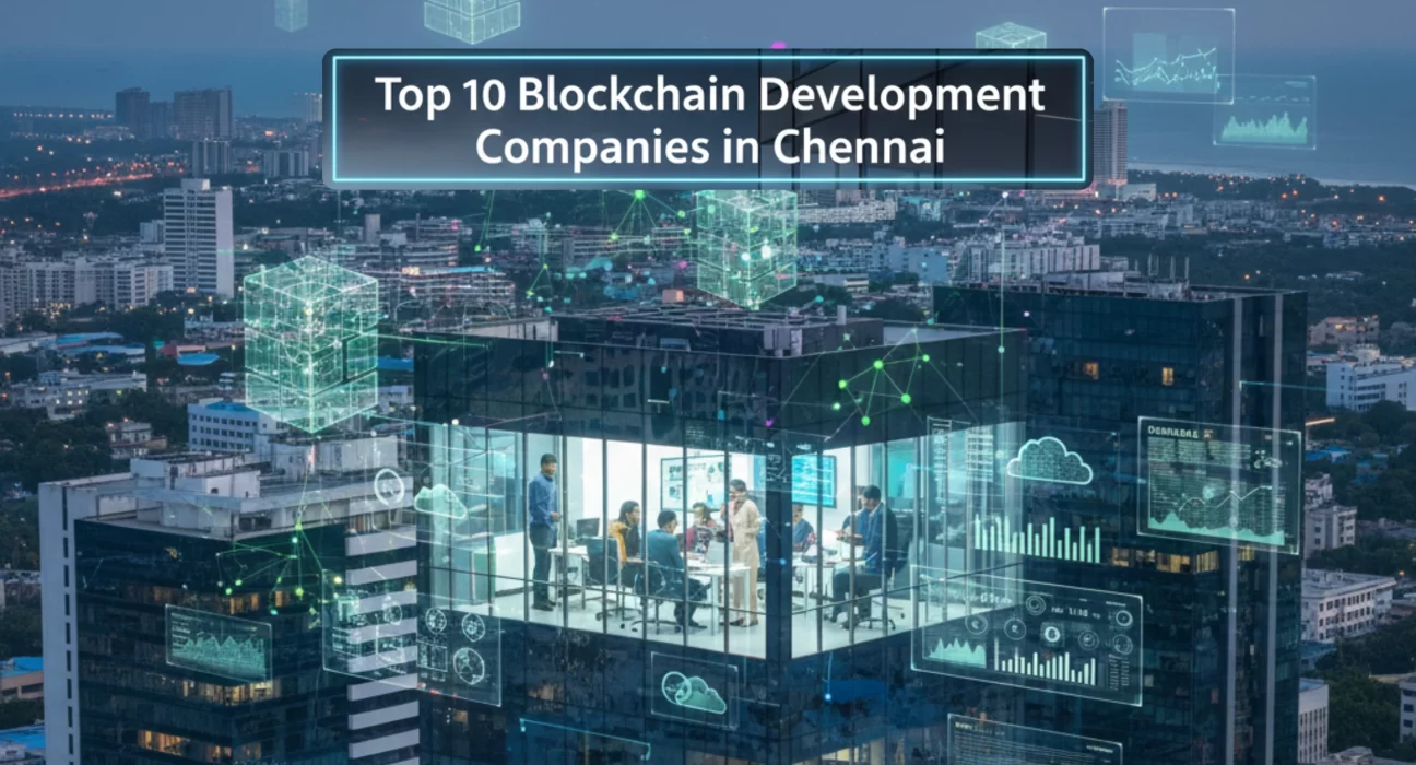 Chennai city skyline with professionals collaborating in a modern office, overlaid with blockchain data networks, digital charts, and decentralised technology.