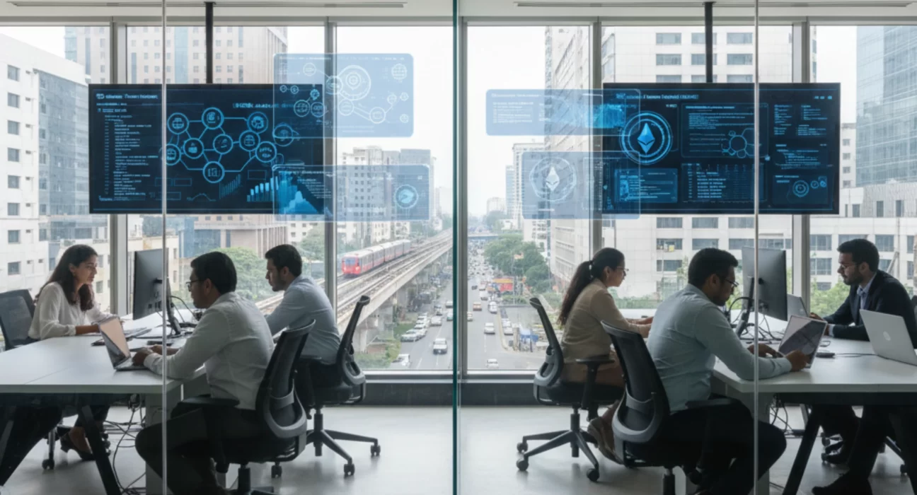 Blockchain developers working in a modern Noida IT office with metro view, showcasing smart contracts, Ethereum dashboards, and enterprise blockchain solutions.