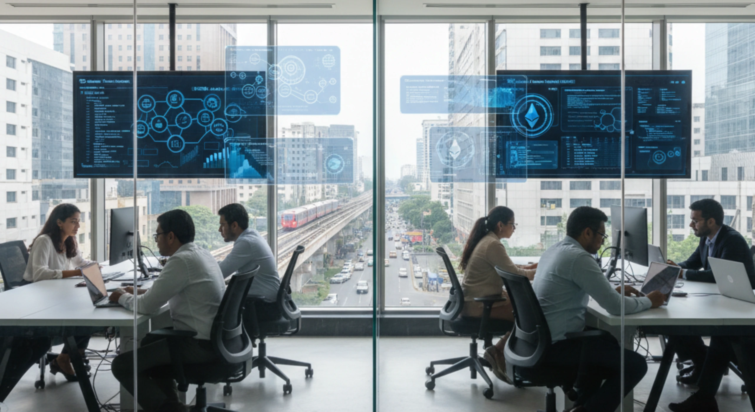 Blockchain developers working in a modern Noida IT office with metro view, showcasing smart contracts, Ethereum dashboards, and enterprise blockchain solutions.