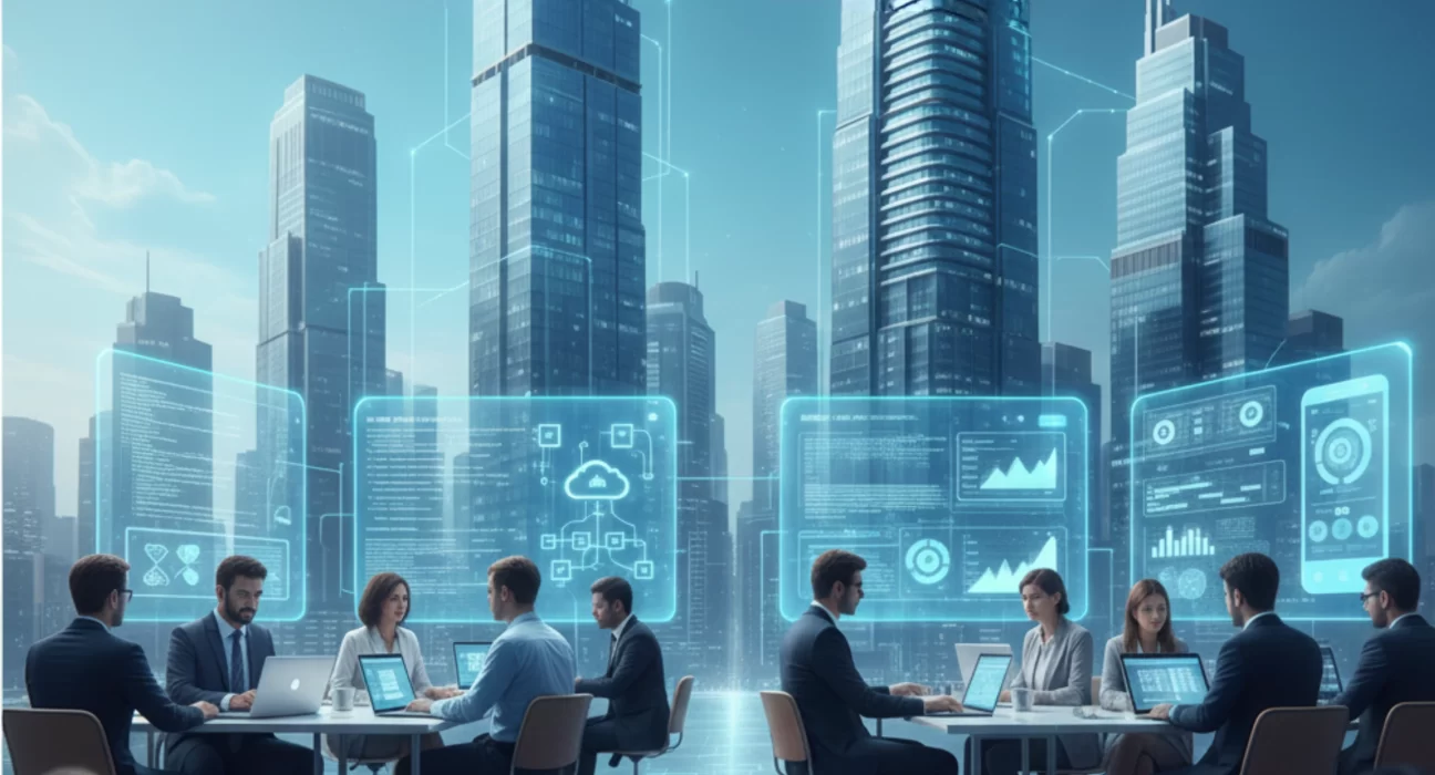 Team of software professionals collaborating on custom software development with cloud, analytics, and enterprise dashboards in a modern city setting.