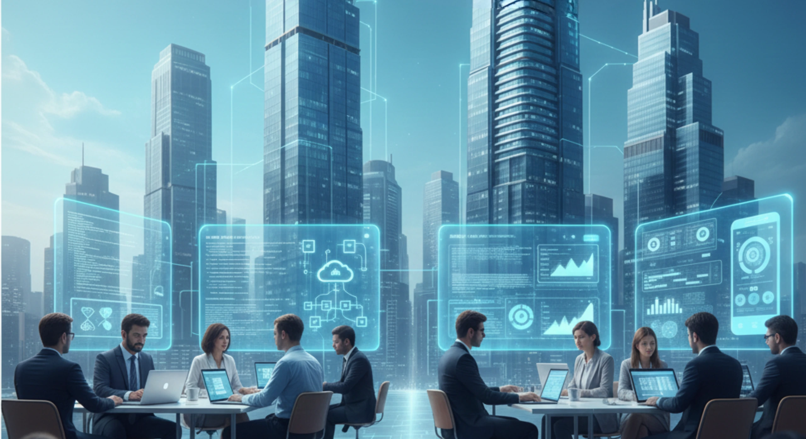 Team of software professionals collaborating on custom software development with cloud, analytics, and enterprise dashboards in a modern city setting.