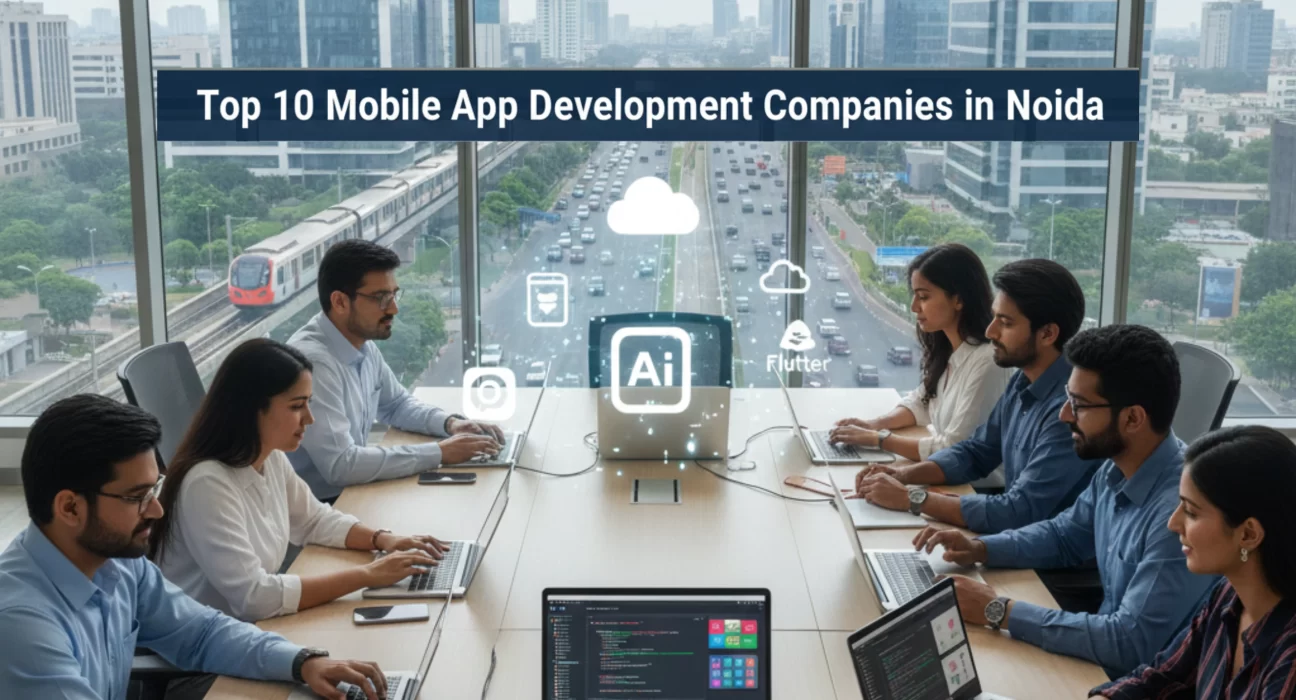 Mobile app developers in a modern Noida IT office collaborating on Android, iOS, and AI-powered applications with Noida Metro and city skyline in view.