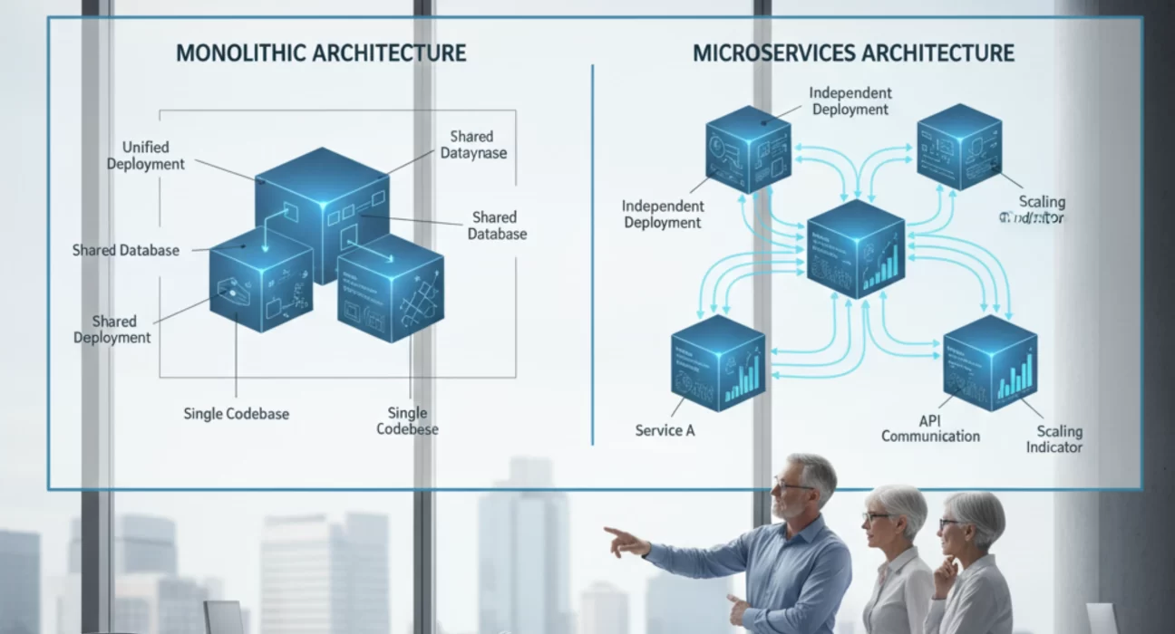 Enterprise architects evaluating monolith and microservices architectures based on scalability, operational complexity, and business needs.
