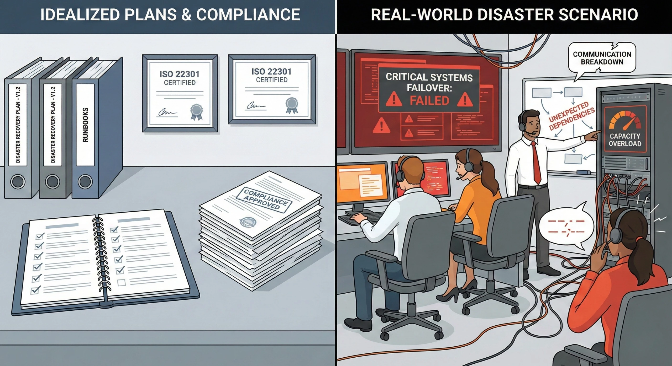 Incident management and disaster recovery operations for enterprise platforms with dashboards, failover, and crisis coordination.