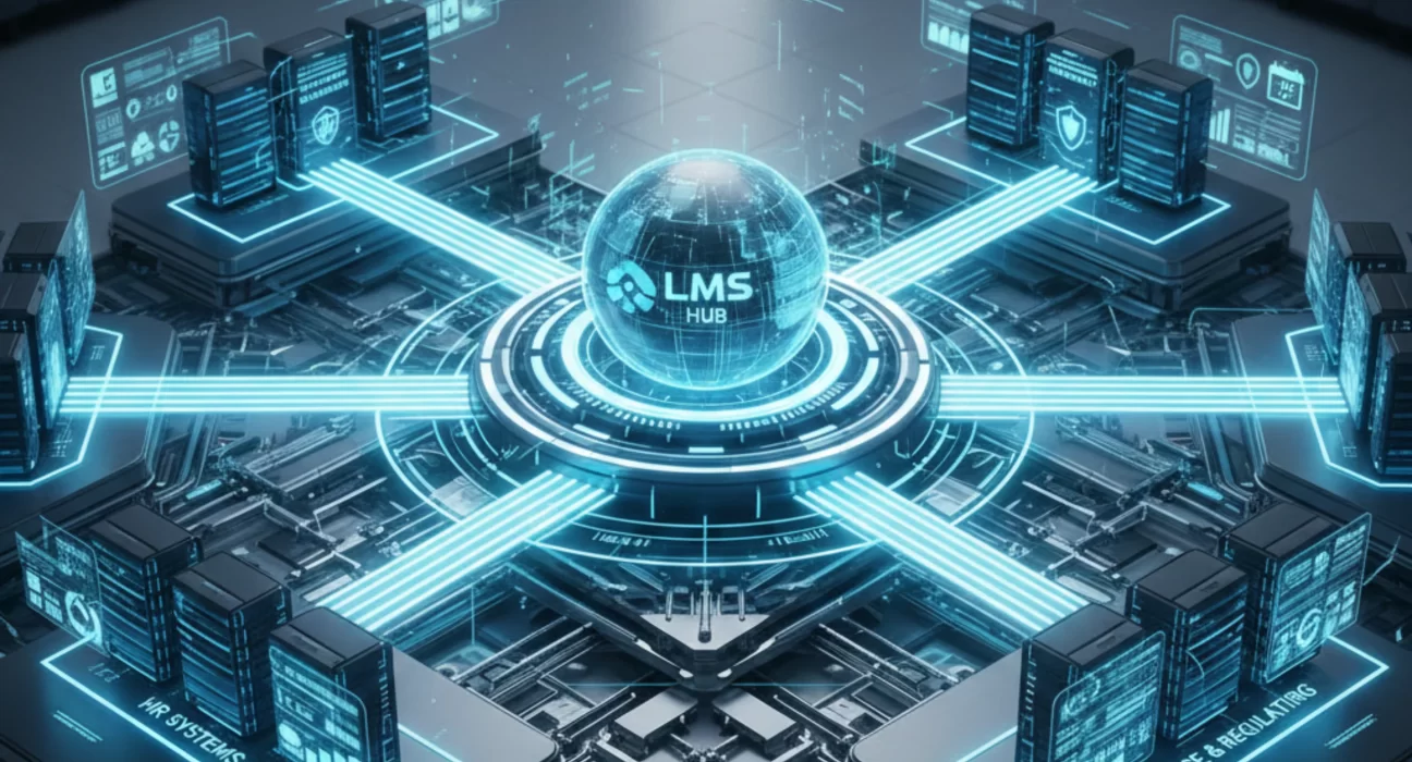 Enterprise LMS and HR system integration showing automated user provisioning, role-based learning, and compliance data flow