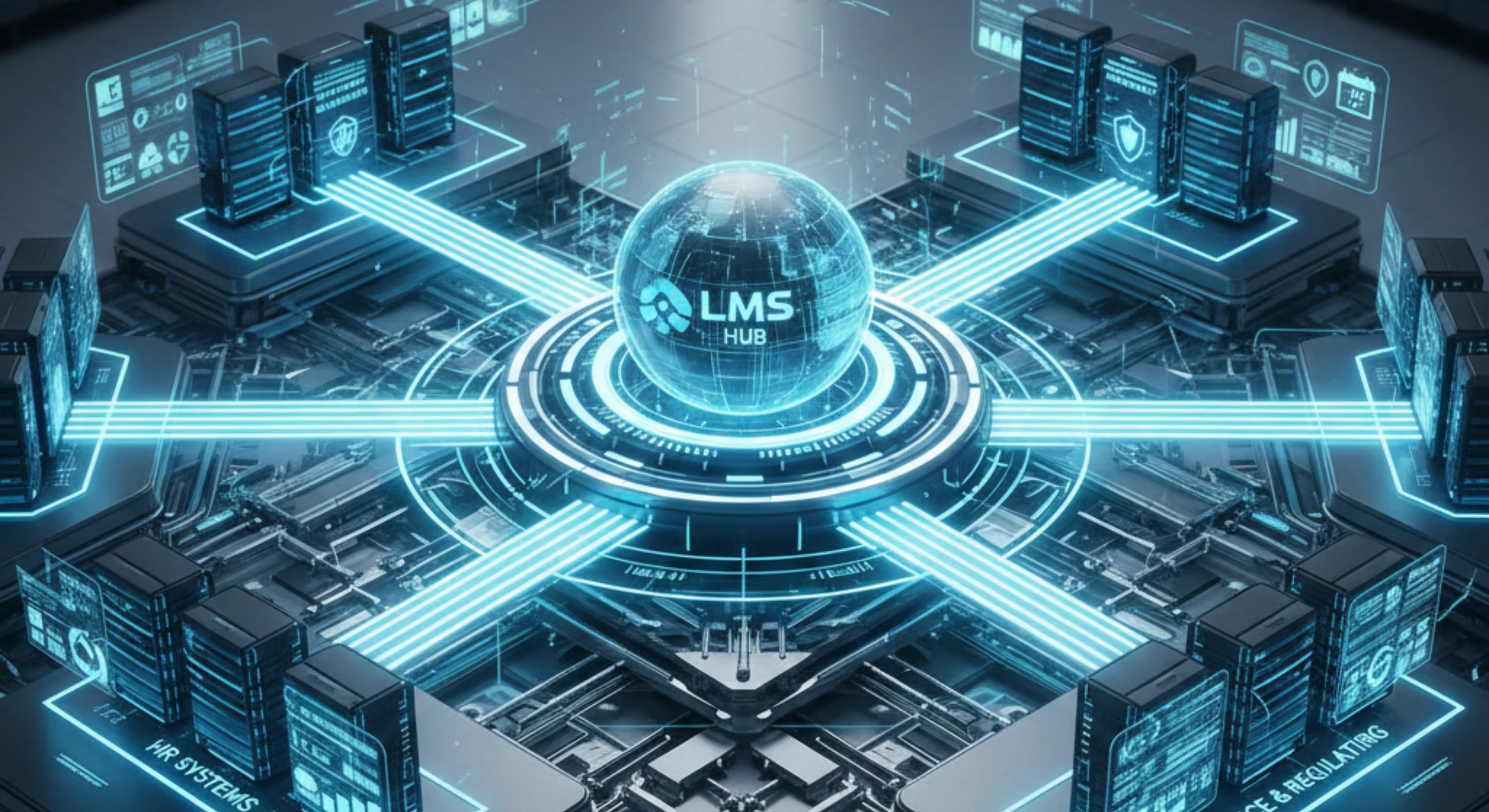 Enterprise LMS and HR system integration showing automated user provisioning, role-based learning, and compliance data flow