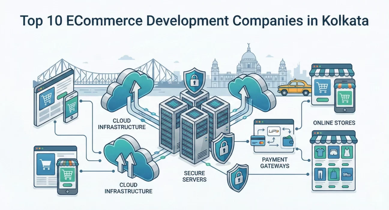 Illustration showing secure cloud infrastructure for eCommerce, including cloud servers, data security shields, payment gateways, online storefronts, and mobile shopping apps, connected through digital networks with the Kolkata skyline and Howrah Bridge in the background, representing eCommerce development companies in Kolkata.