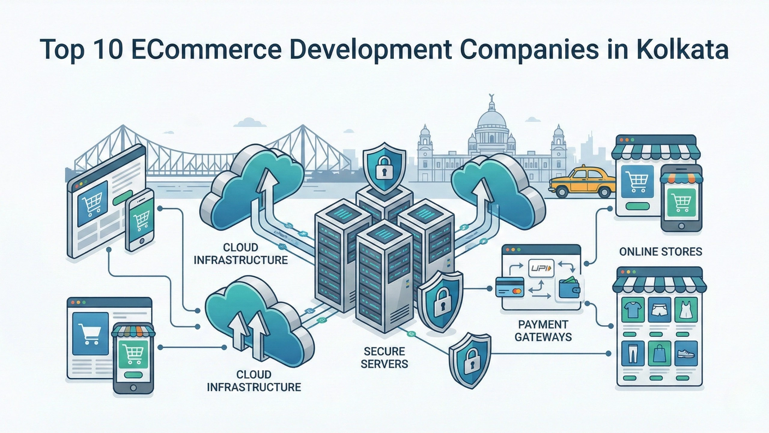Illustration showing secure cloud infrastructure for eCommerce, including cloud servers, data security shields, payment gateways, online storefronts, and mobile shopping apps, connected through digital networks with the Kolkata skyline and Howrah Bridge in the background, representing eCommerce development companies in Kolkata.