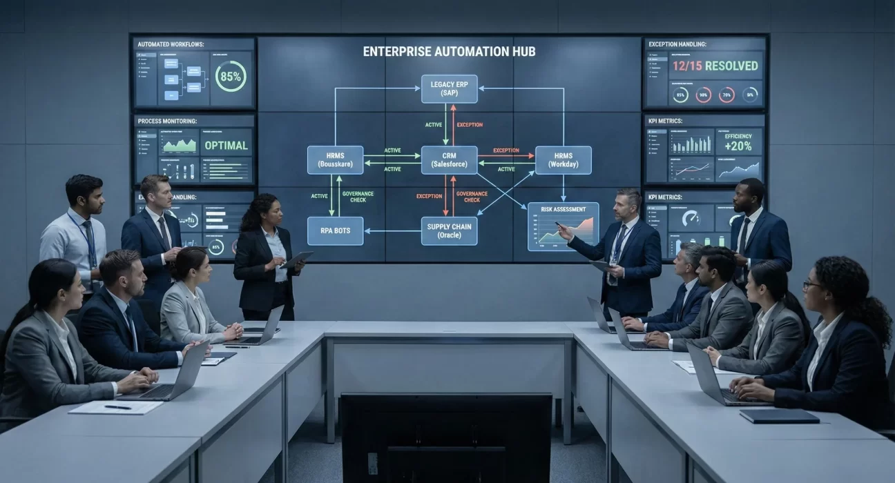 Illustration showing automation in large enterprise operations, focusing on execution, governance, change management, and delivering measurable business value.
