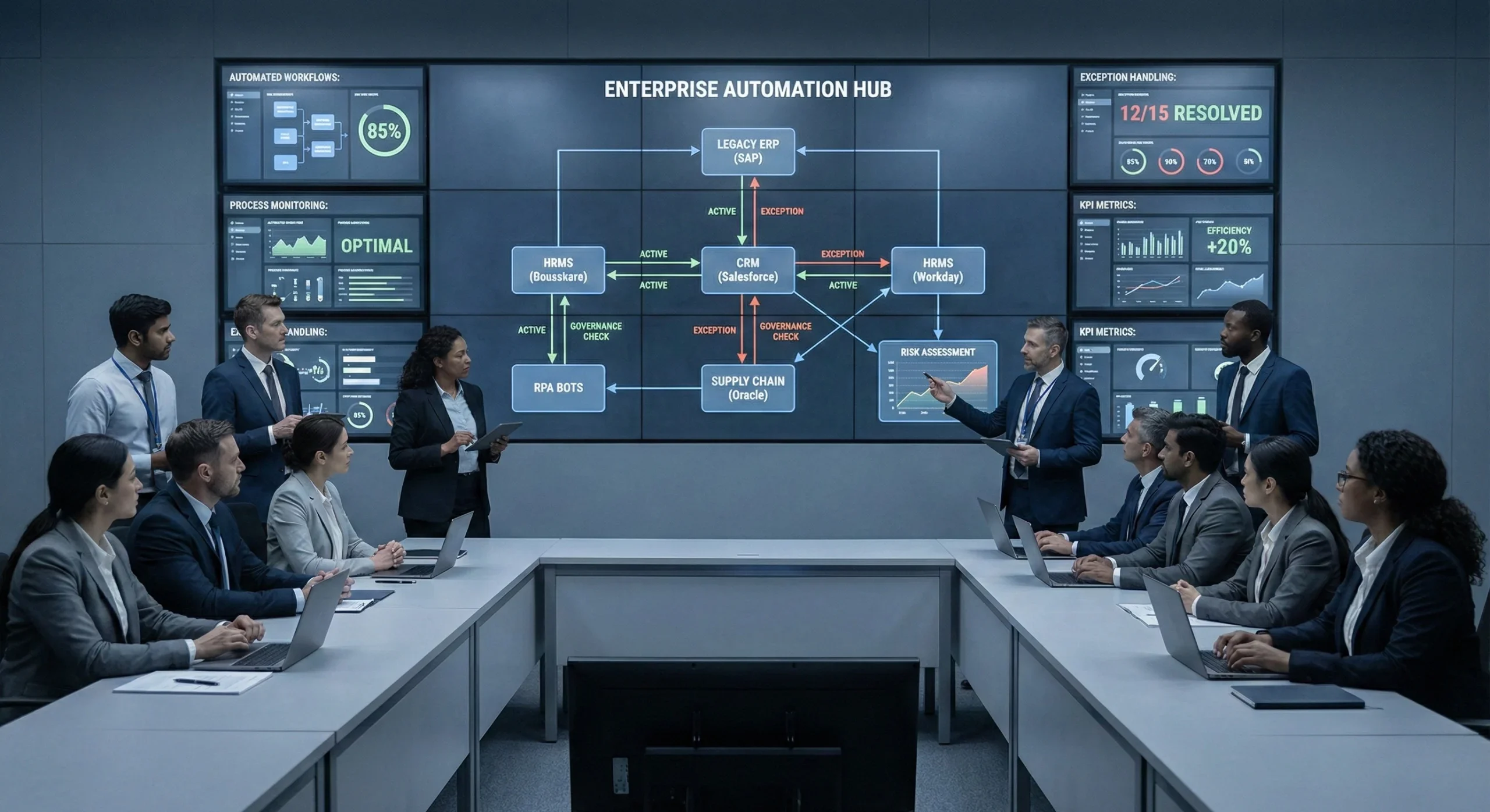 Illustration showing automation in large enterprise operations, focusing on execution, governance, change management, and delivering measurable business value.