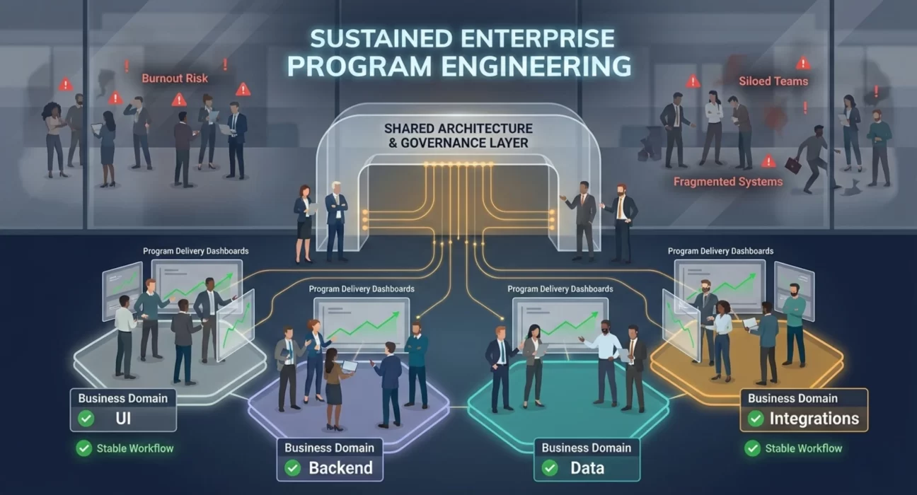 Engineering team structure for long-running enterprise programs showing capability teams, platform teams, integration ownership, and technical leadership