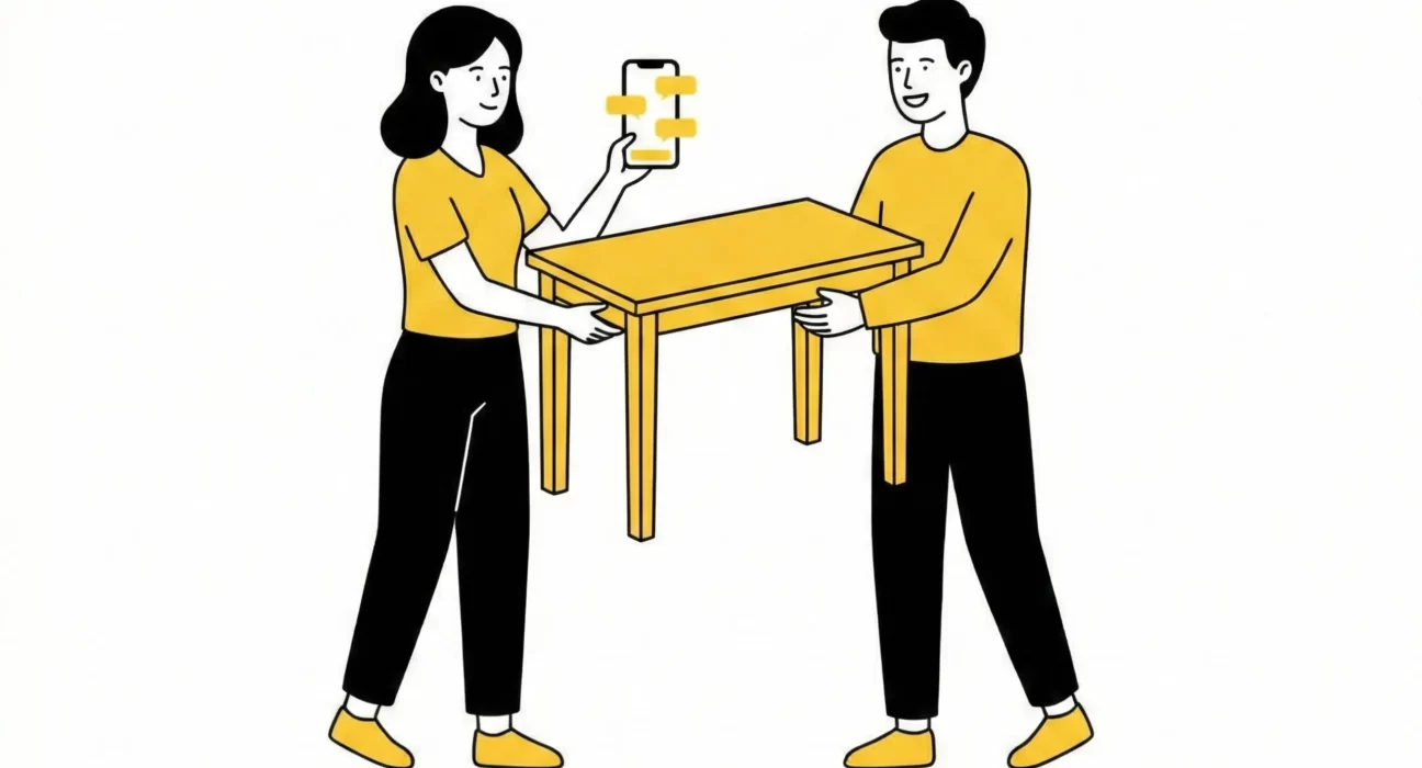 Woman happily selling her old dining table locally for peaceful selling online