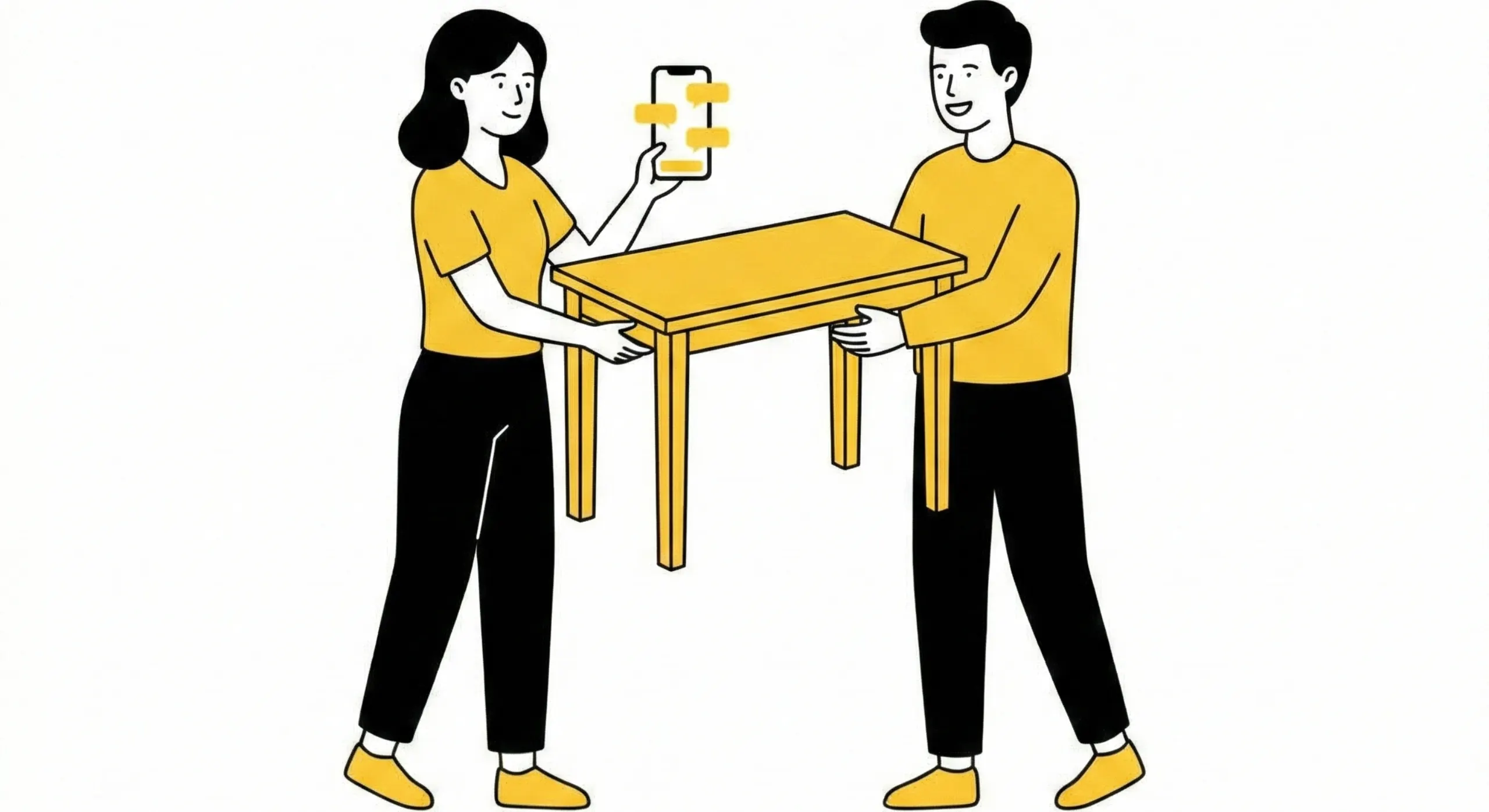Woman happily selling her old dining table locally for peaceful selling online