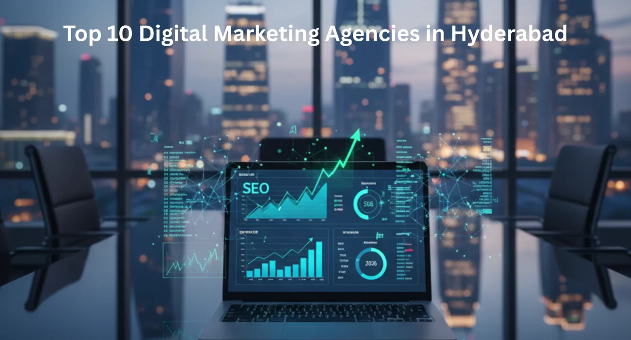 Top 10 Digital Marketing Agencies in Hyderabad with HITEC City and Gachibowli business skyline