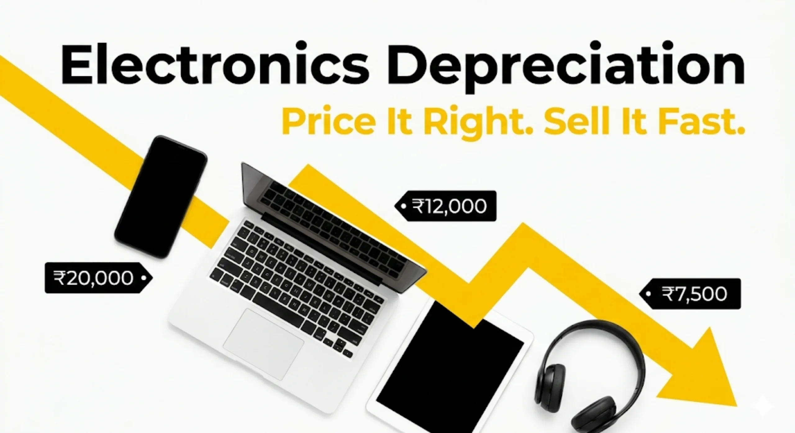 Electronics depreciation when selling used devices shown through price drop comparison of smartphones and laptops over time.