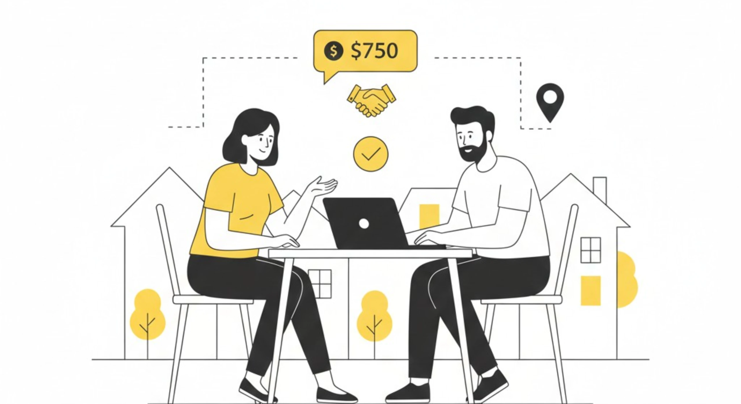 Illustration showing local buying and selling with calm price negotiation and reduced bargaining stress