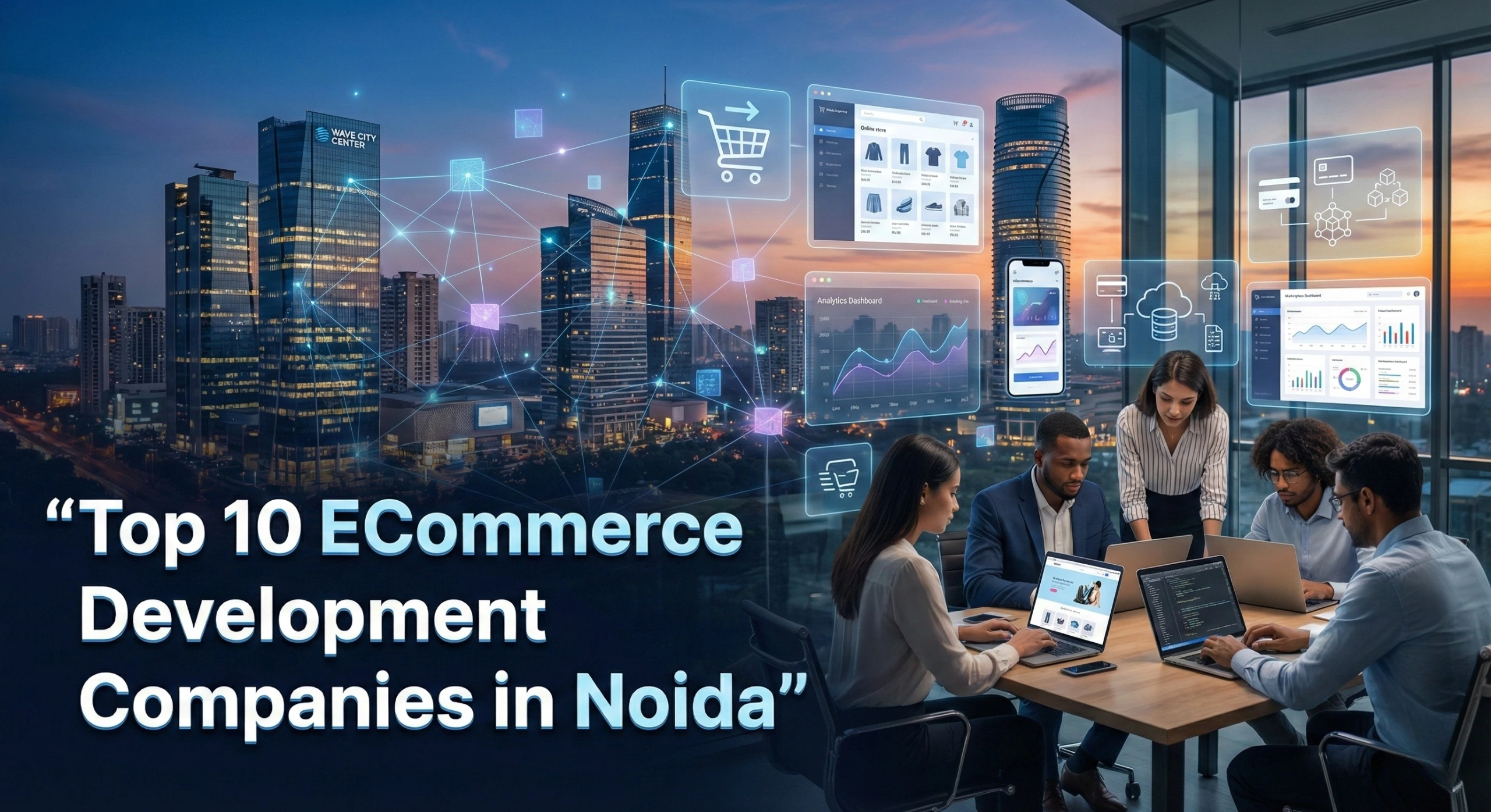 Top 10 ECommerce Development Companies in Noida with modern tech office and digital commerce concept