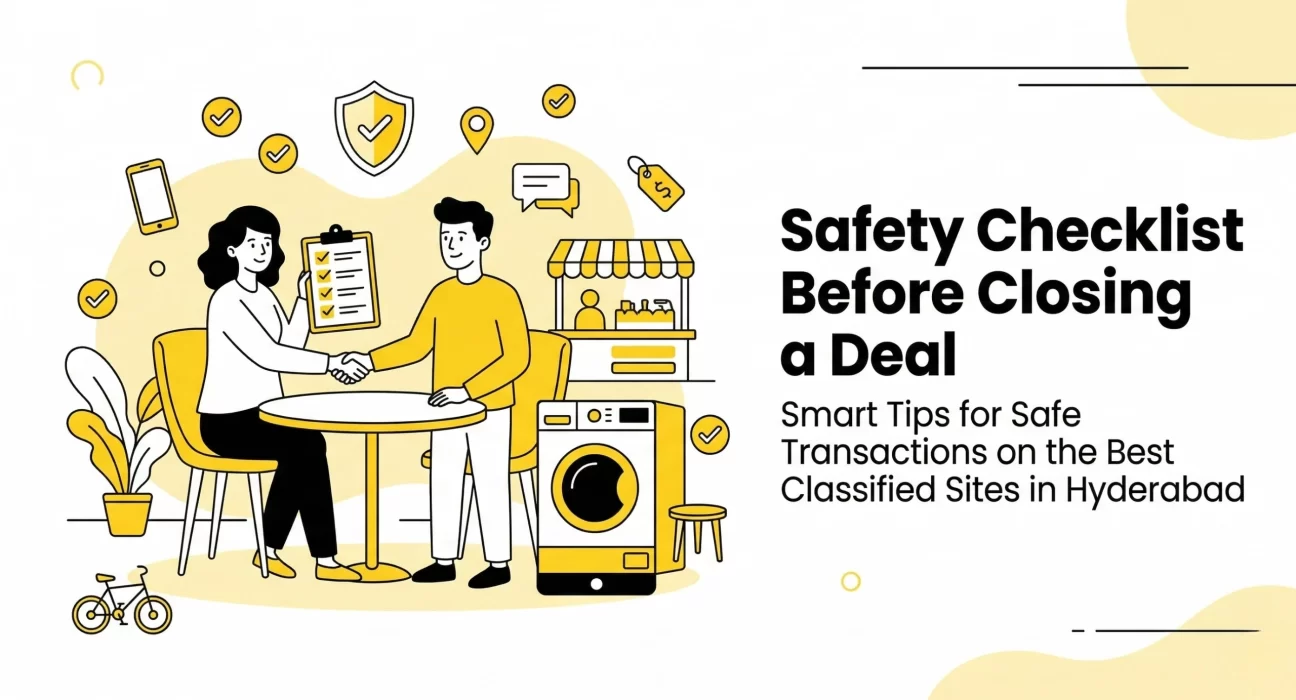 Buyer and seller completing a safe transaction using a checklist while buying and selling on Best classified sites in Hyderabad