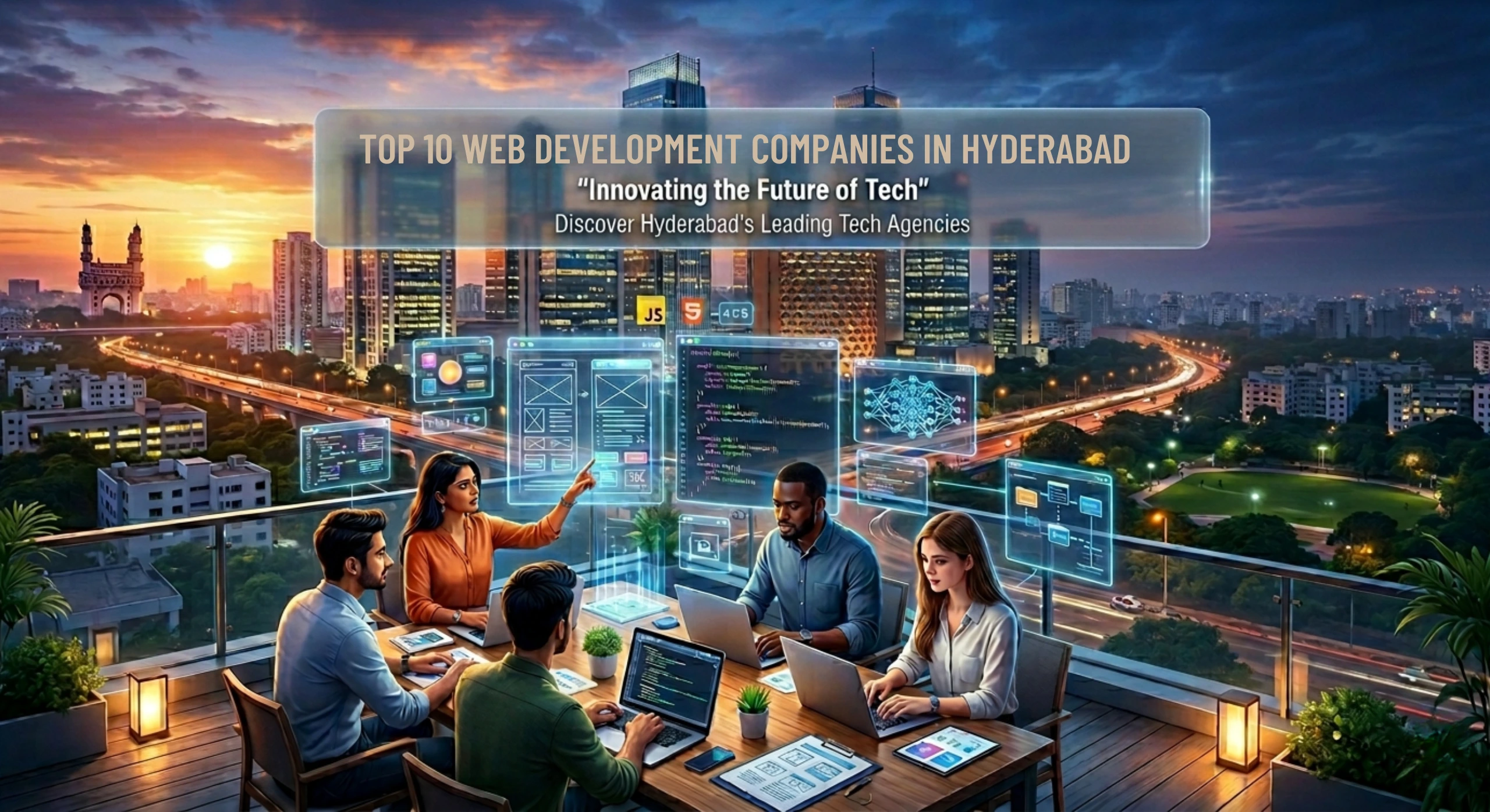 Top 10 Web Development Companies in Hyderabad skyline with developers working on modern web technologies