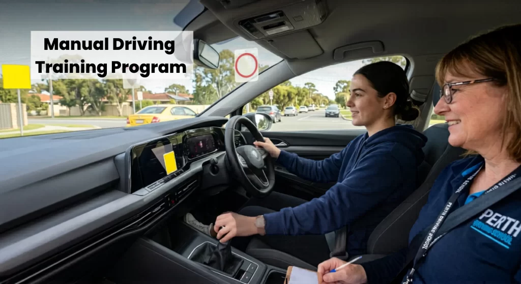 Learner driver practicing clutch control during manual driving training program Perth